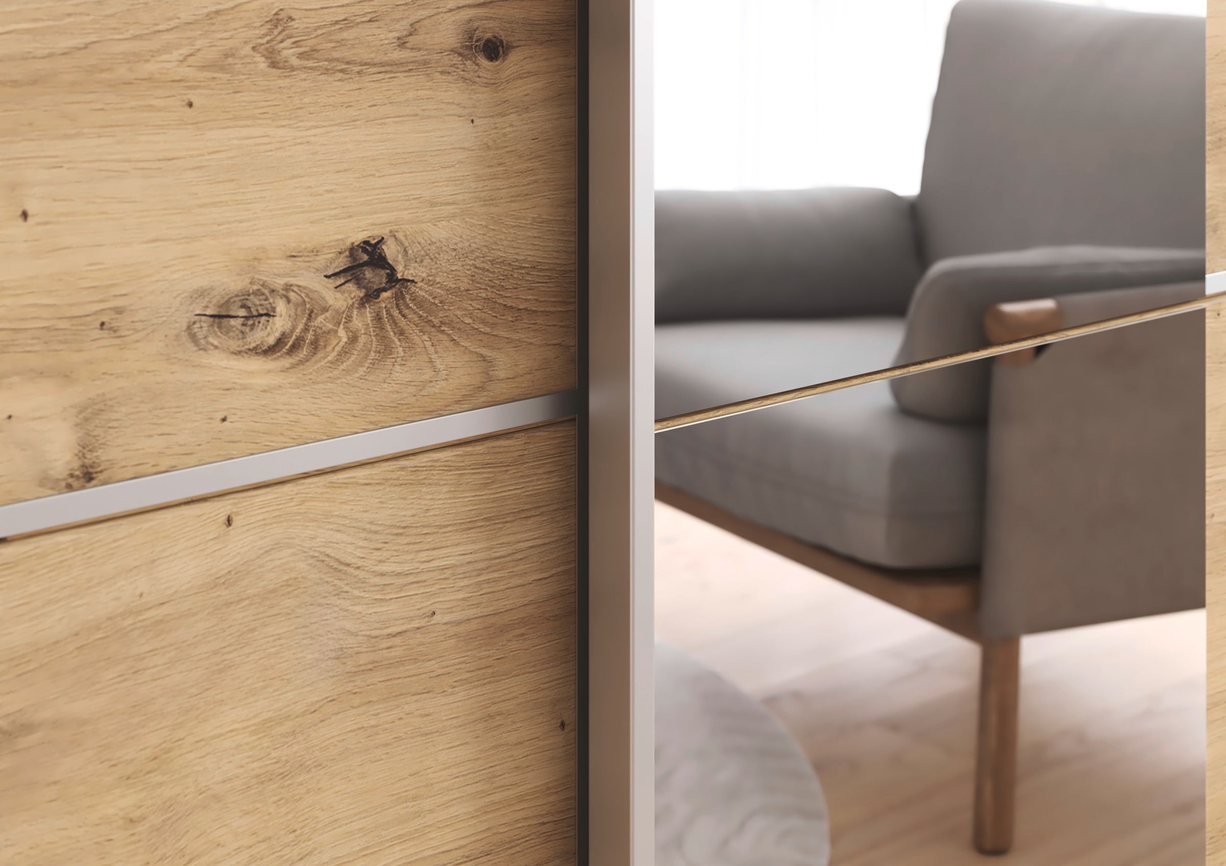 rauch Schwebetürenschrank »Kleiderschrank Schrank Garderobe TOPSELLER ASTANA« 3 Ausstattungen BASIC/CLASSIC/PREMIUM (inkl. SOFT-CLOSE-FUNKTION),  mit 3 Spiegelelementen, Metallgriffleisten alufarbig MADE IN GERMANY