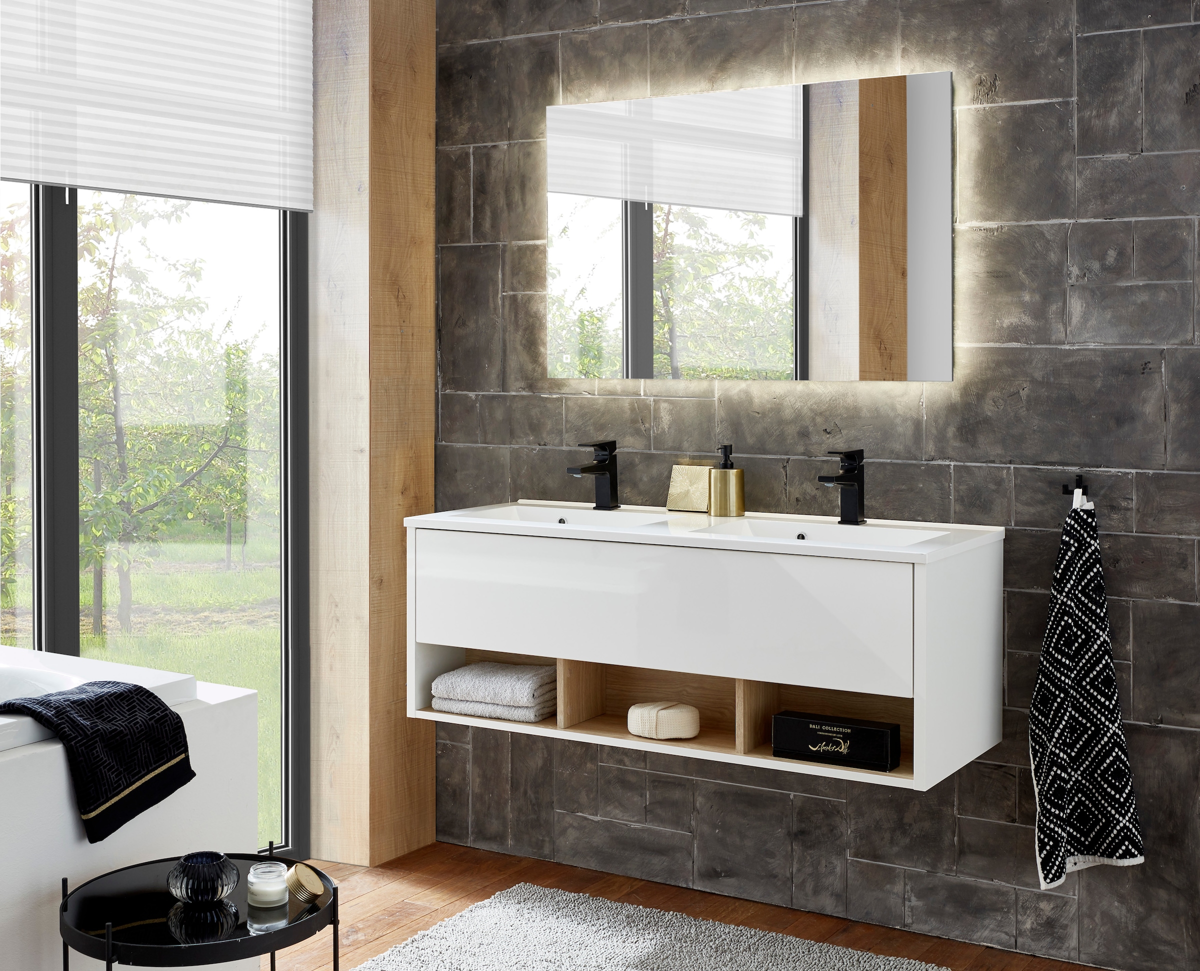 Places of Style Badmöbel-Set »Studio Line, Bad im modernen Design, 2-teiliges Badezimmer«, (2 St.), Waschtisch und Spiegel, in zwei Farben verfügbar, viel Stauraum