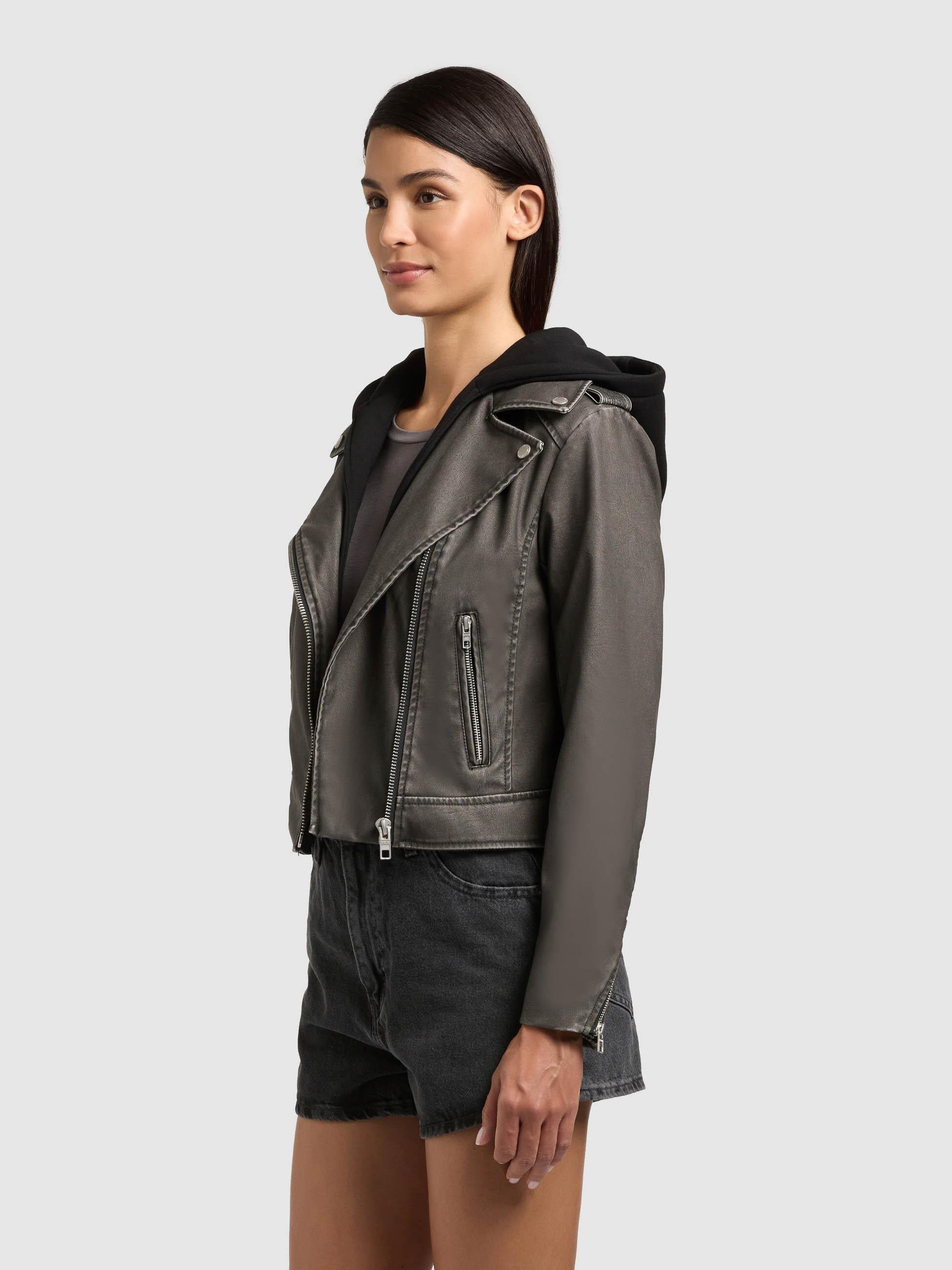 khujo Lederimitatjacke »Lederimitatjacke Yael« mit Kapuze Klassische Kunstlederjacke mit abnehmbarer Kapuze