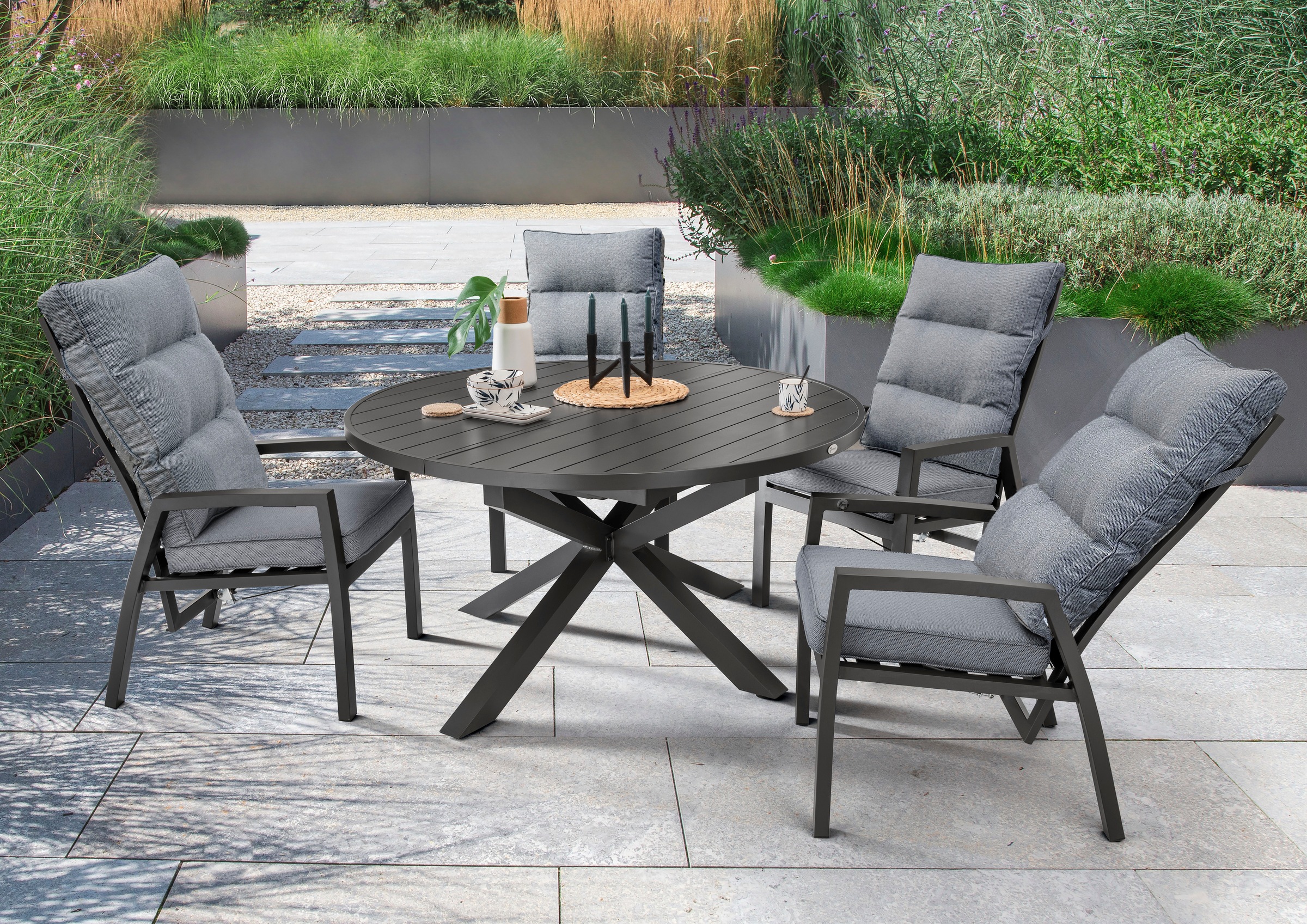 Destiny Garten-Essgruppe »GARDA ARONA« 9 Stk. tlg. 4 Hochlehner inkl. Auflagen, 1 Ausziehtisch 145/199x75 cm