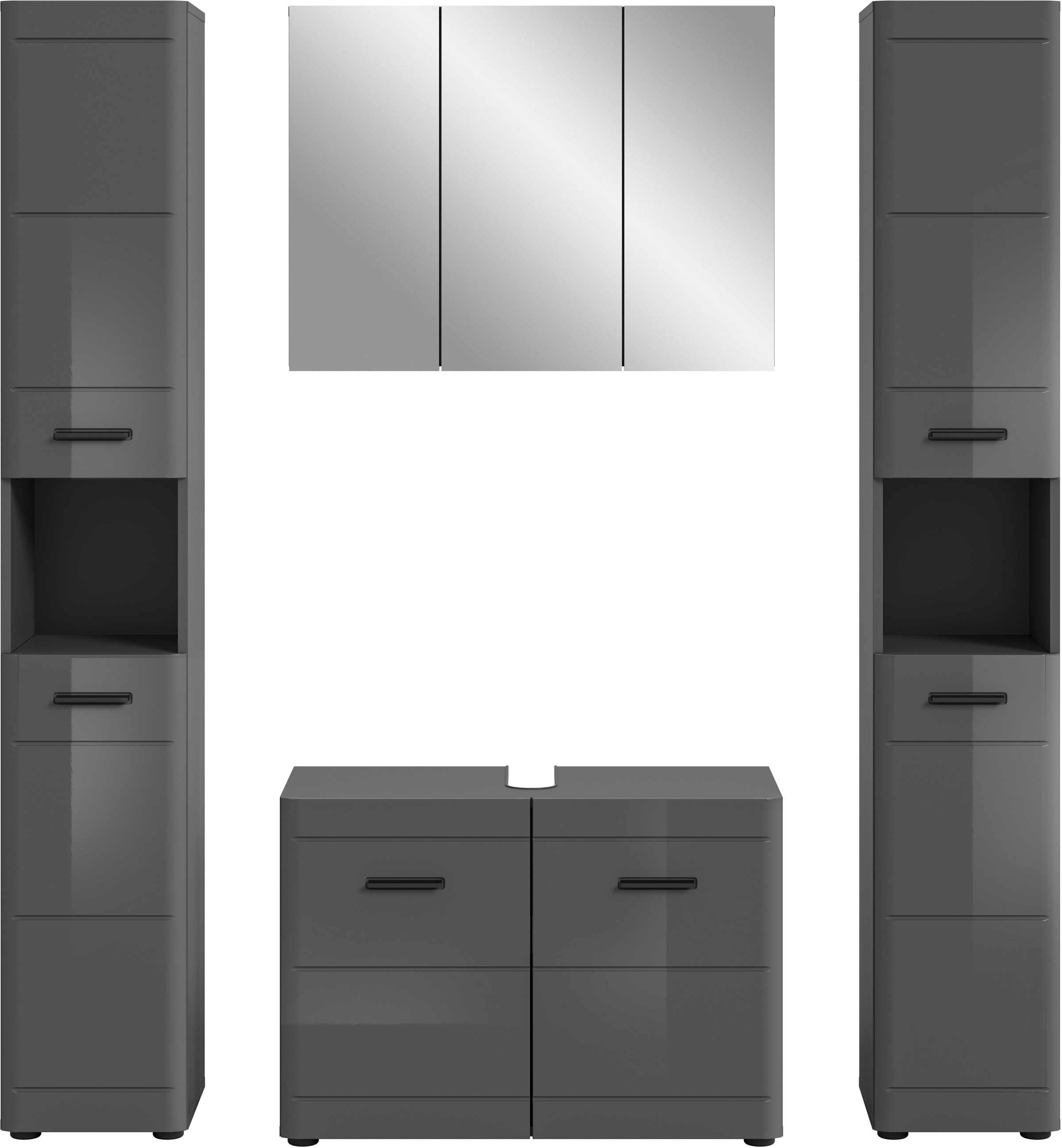 welltime Badmöbel-Set »Doux, bestehend aus: 2x Hochschrank, Waschbeckenunterschrank,«, (4 St.), Spiegelschrank, hochwertige hochglanz MDF Front mit Rillenfräsung