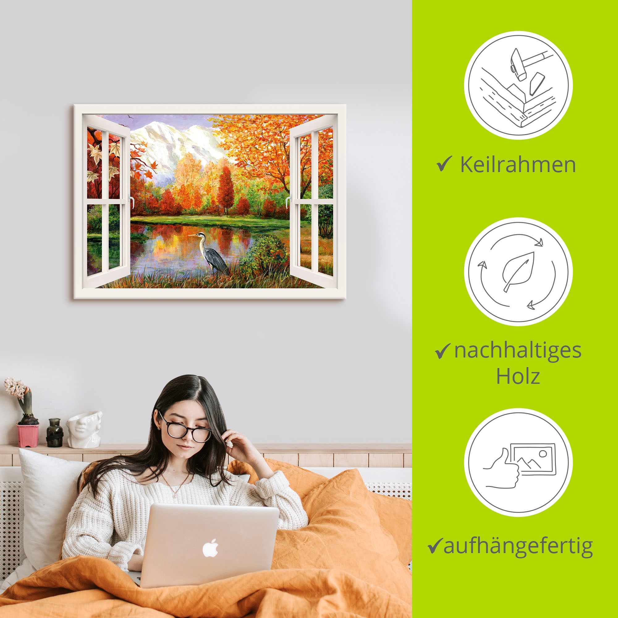 Artland Wandbild »Herbst am See«, Fensterblick, (1 St.), als Leinwandbild, Wandaufkleber in verschied. Größen