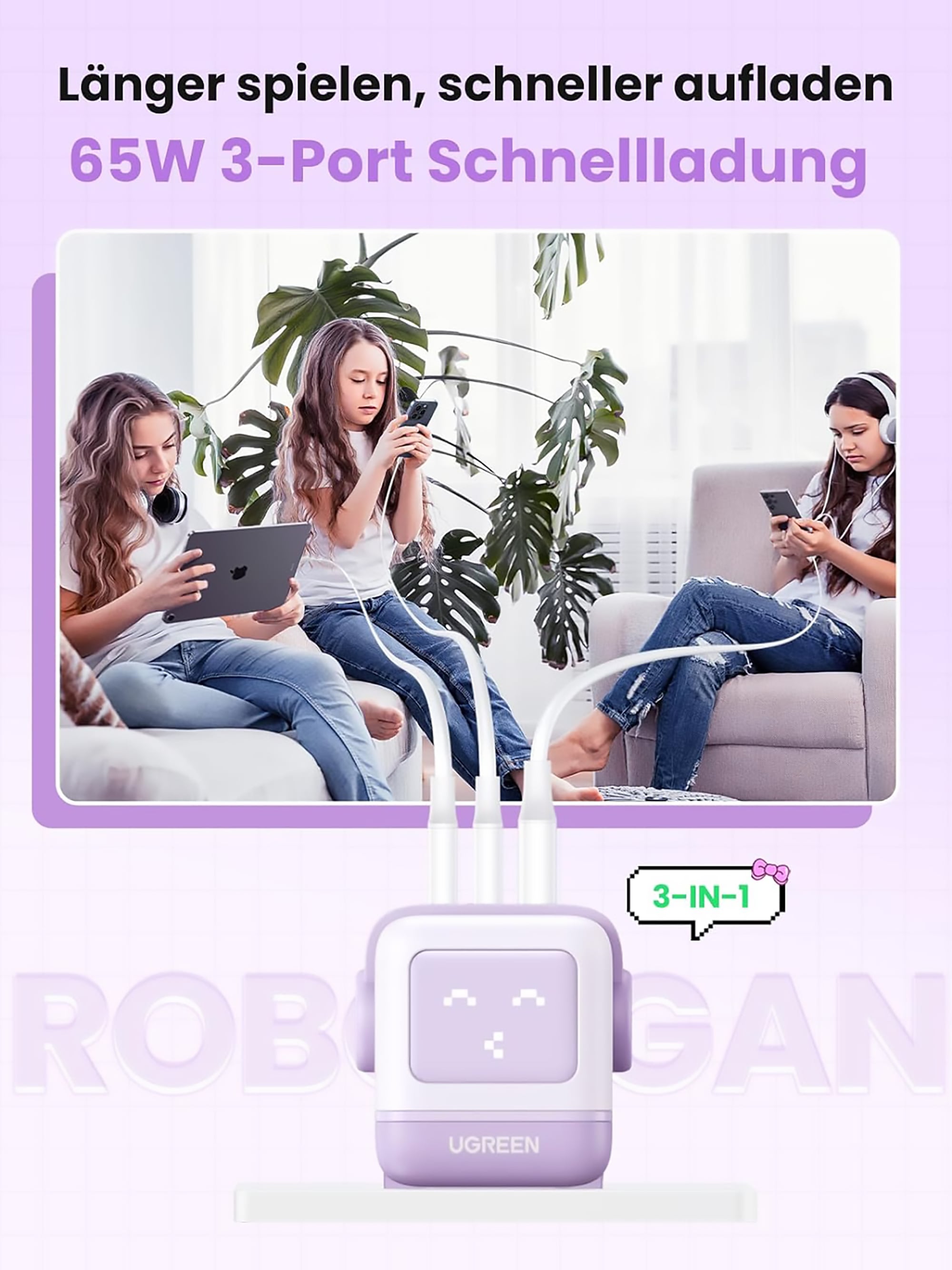 UGREEN USB-Ladegerät »UGREEN Uno Robot GaN Tech 65W USB-A+2*USB-C Fast Charger«, Roboter-Form mit LED-Anzeige und magnetischem Fuß