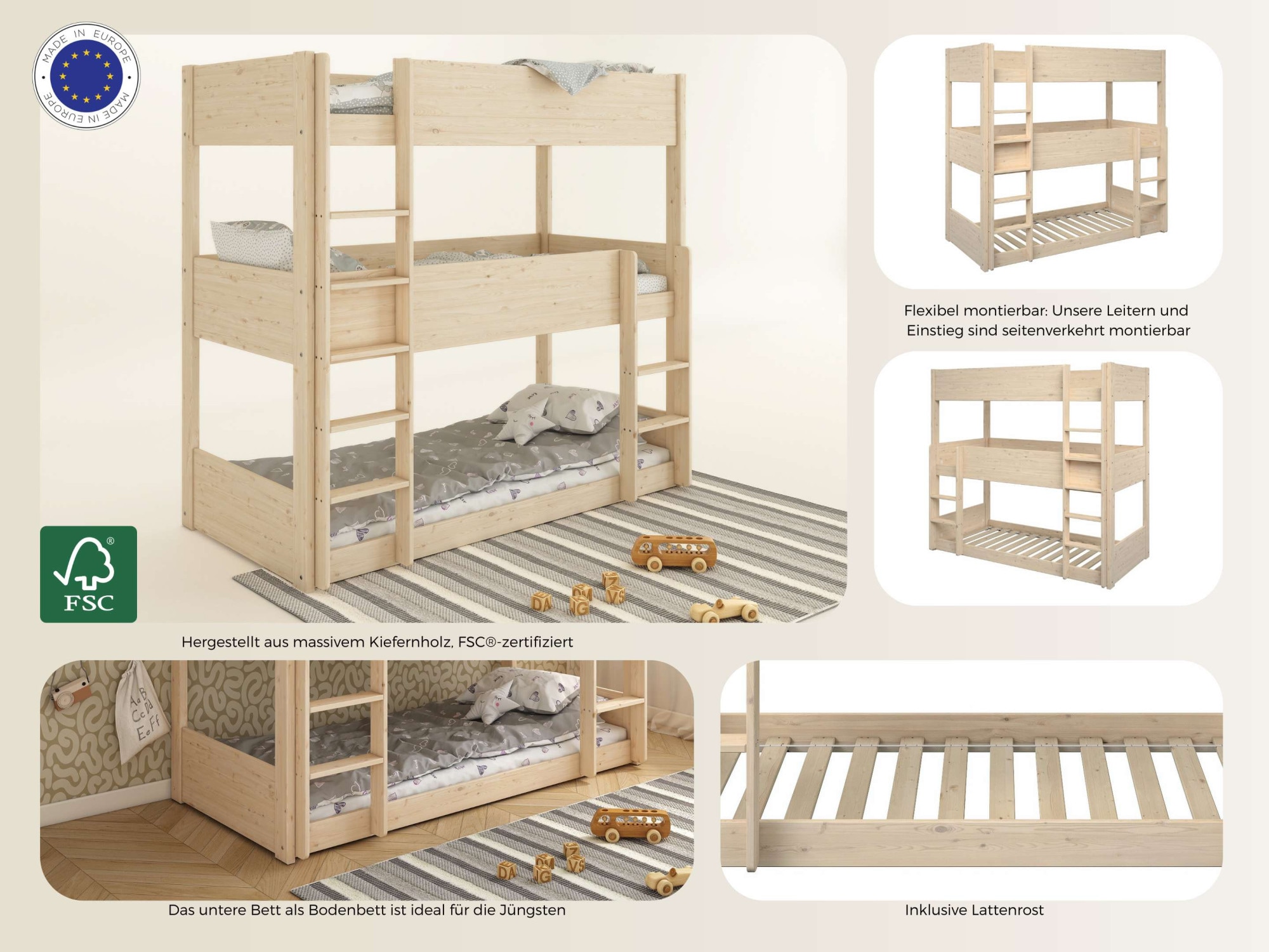 Lüttenhütt Etagenbett »TIPO BESTSELLER! Stockbett, Hochbett, Bodenbett, platzsparend« Leitern beidseitig montierbar,  mit 3 Schlafplätzen, FSC® zertifiziertes Massivholz (Kiefer)