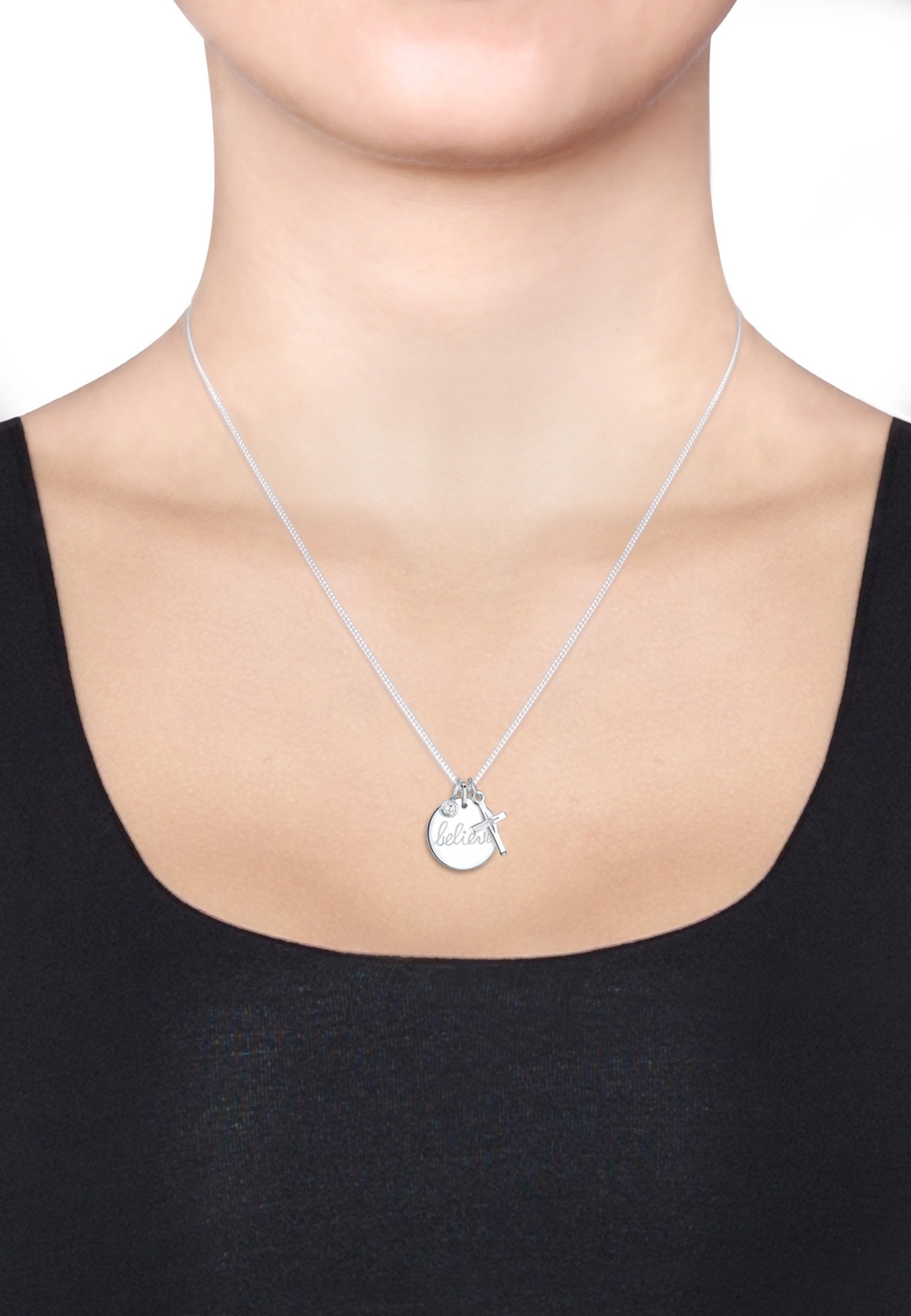 Elli Silberkette »Halskette Plättchen Believe Wording Kreuz Zirkonia 925 Sterling Silber«