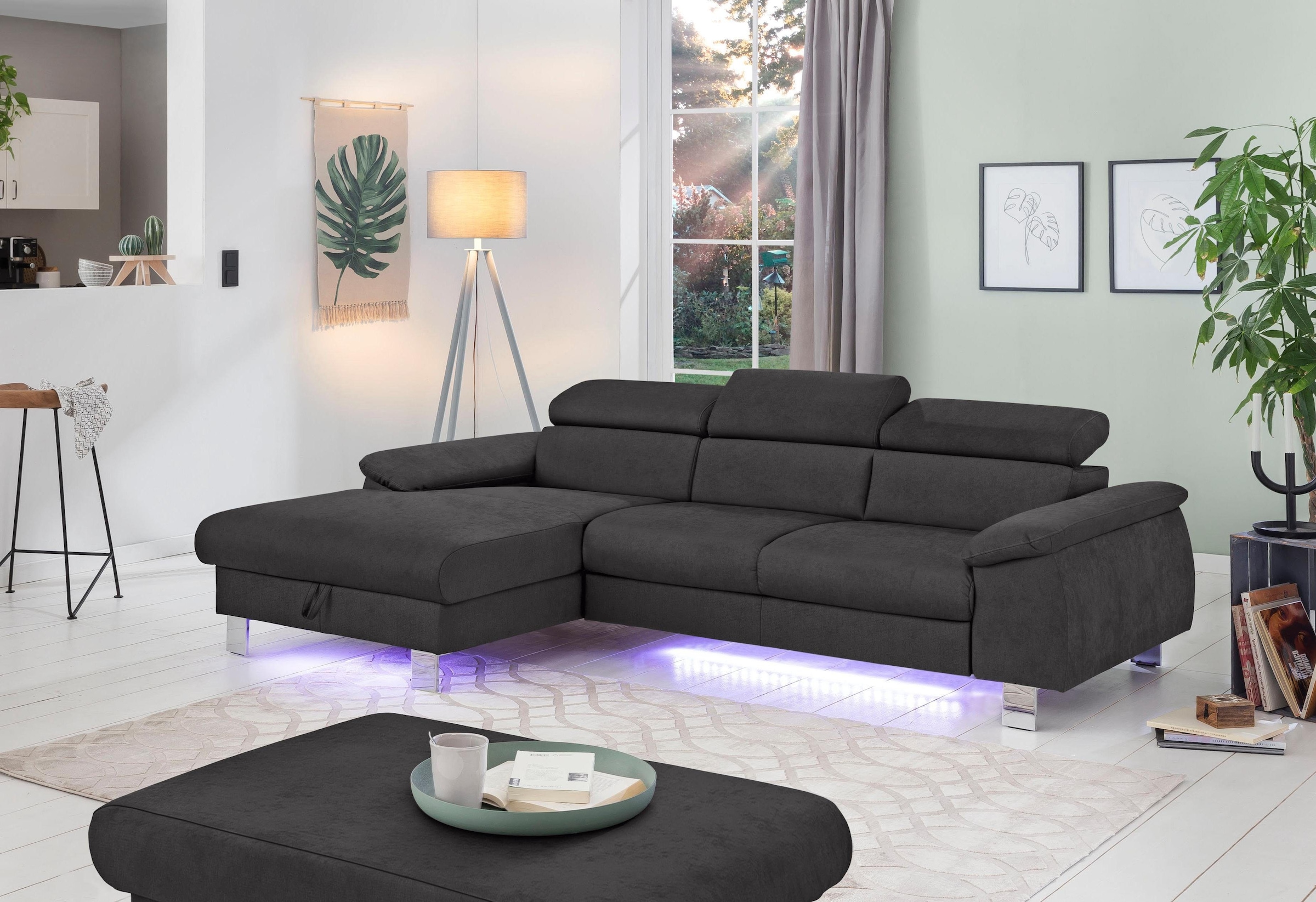 COTTA Ecksofa Komaris, Ecksofa, wahlweise mit RGB-LED-Beleuchtung und Bettfunktion/Bettkasten