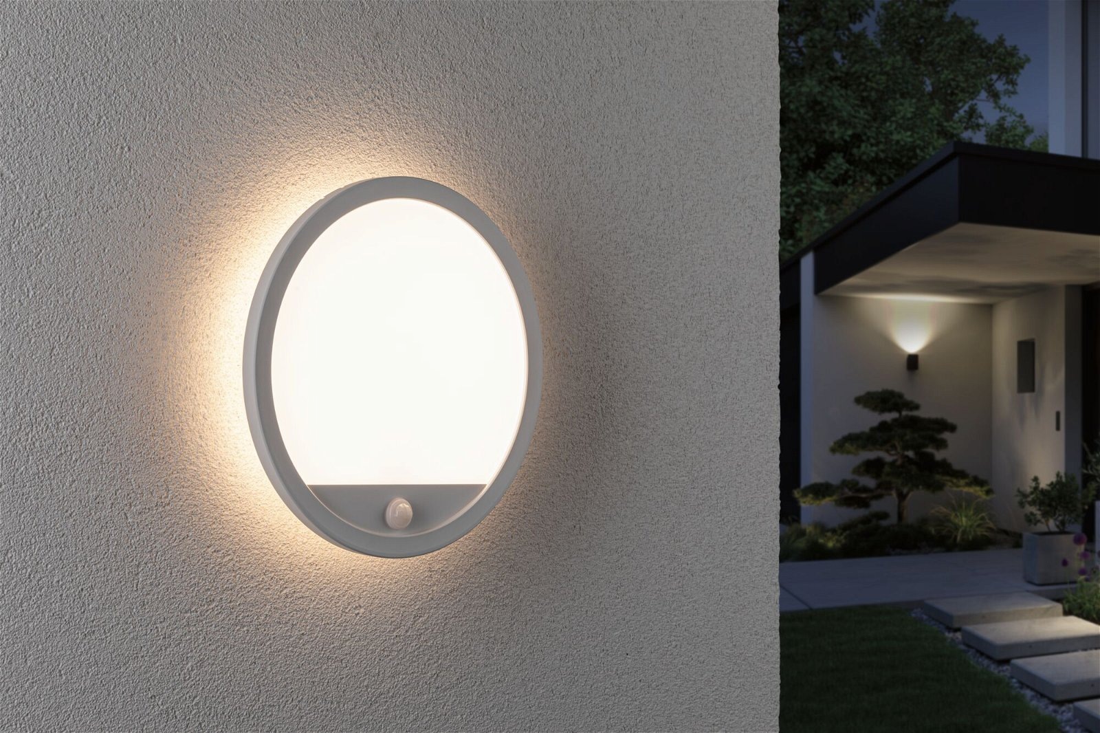 Paulmann LED Außen-Wandleuchte »Außenpanel Lamina rund 280mm 3000K 14,5W 1200lm 230V Kunststoff«, 1 flammig, Backlight Bewegungsmelder seewasserresistent IP44 1200lm