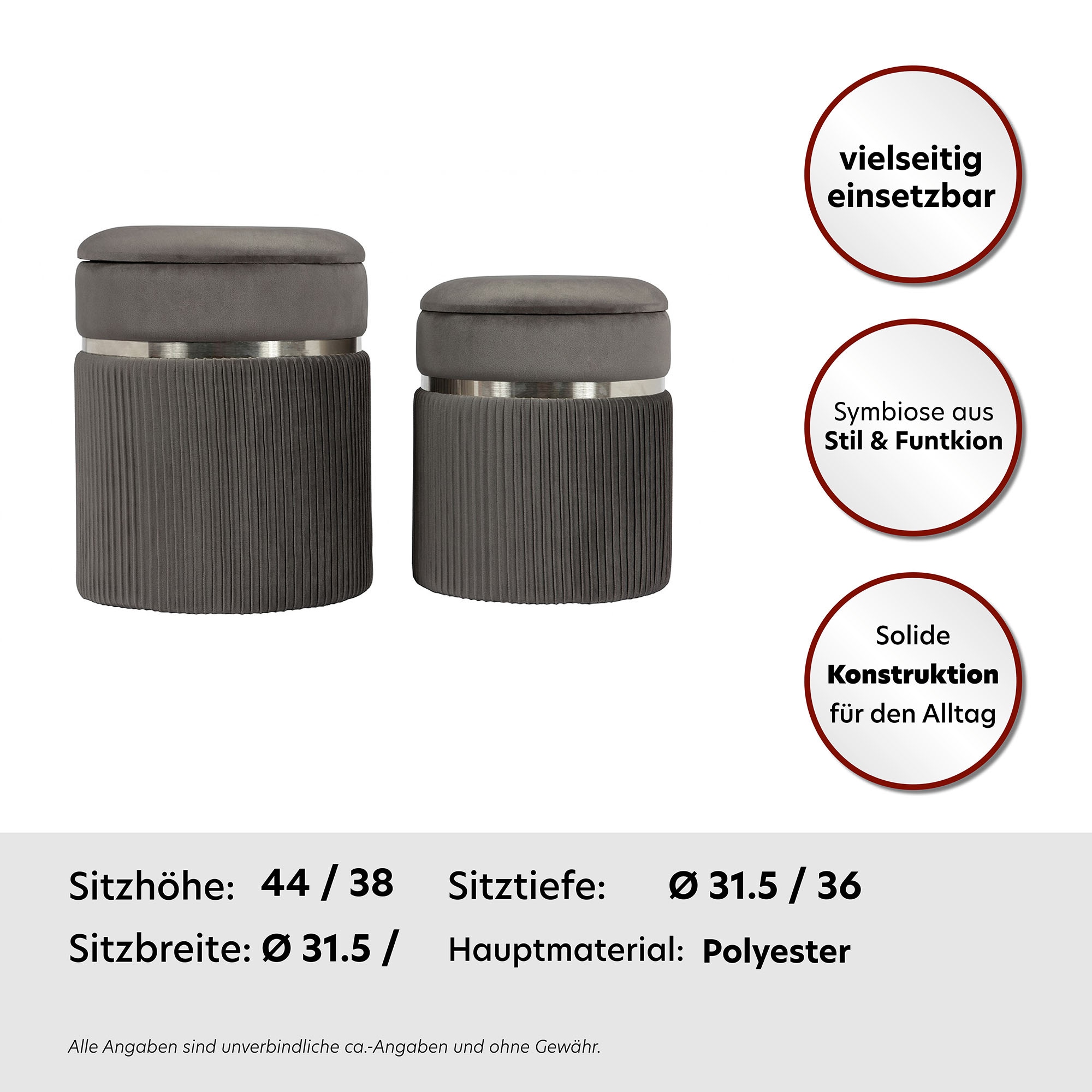 Kayoom Polstergarnitur »Hocker Zora 325 2er-Set, samtweicher Stoffbezug,runde elegante Form« Set, Hocker 1: B 36 /H 44/ T36 cm
Hocker 2: B 31,5 /H 38/ T31,5 cm, 2 Stk. tlg. edles Design mit Metallring, gepolstert, mit Stauraum