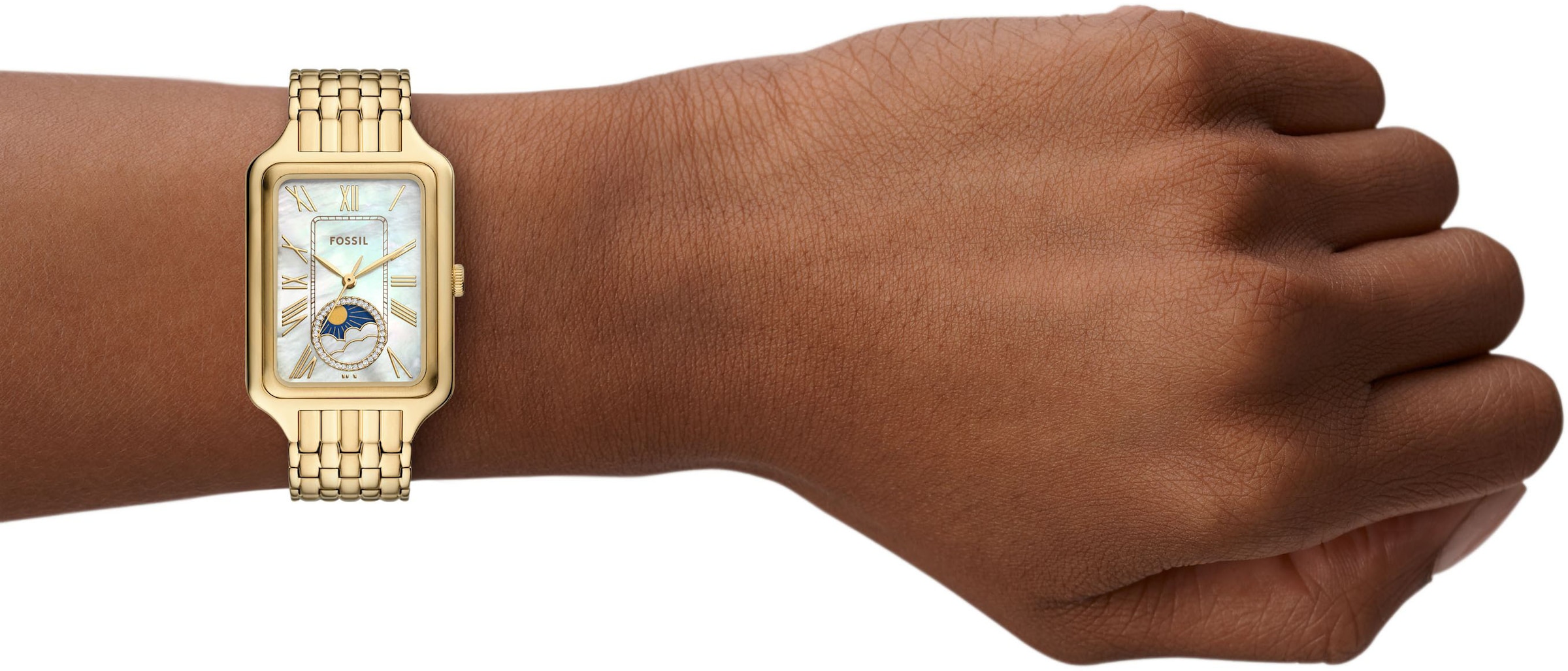 Fossil Quarzuhr »RAQUEL MOONPHASE«, Armbanduhr, Damenuhr, Edelstahlarmband, analog, Mondphase, Glassteine