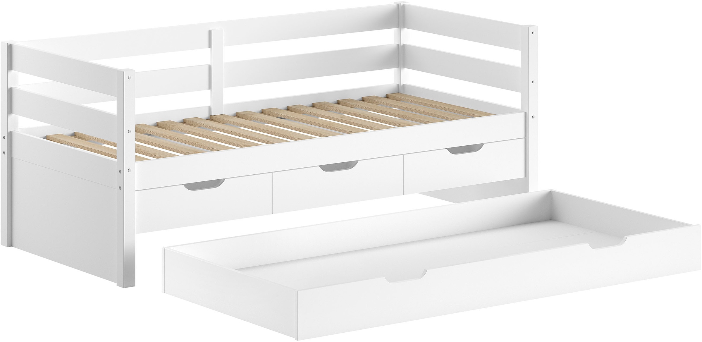 Vipack Funktionsbett »Margrit mit Bettschublade, in zeitlosem Design, universell einsetzbar« Liegefläche 90 x 200 cm, inkl. Rolllattenrost und seitlichem Umbau,  Massivholzbett mit 3 Schubladen, wahlweise in 2 Farben erhältlich