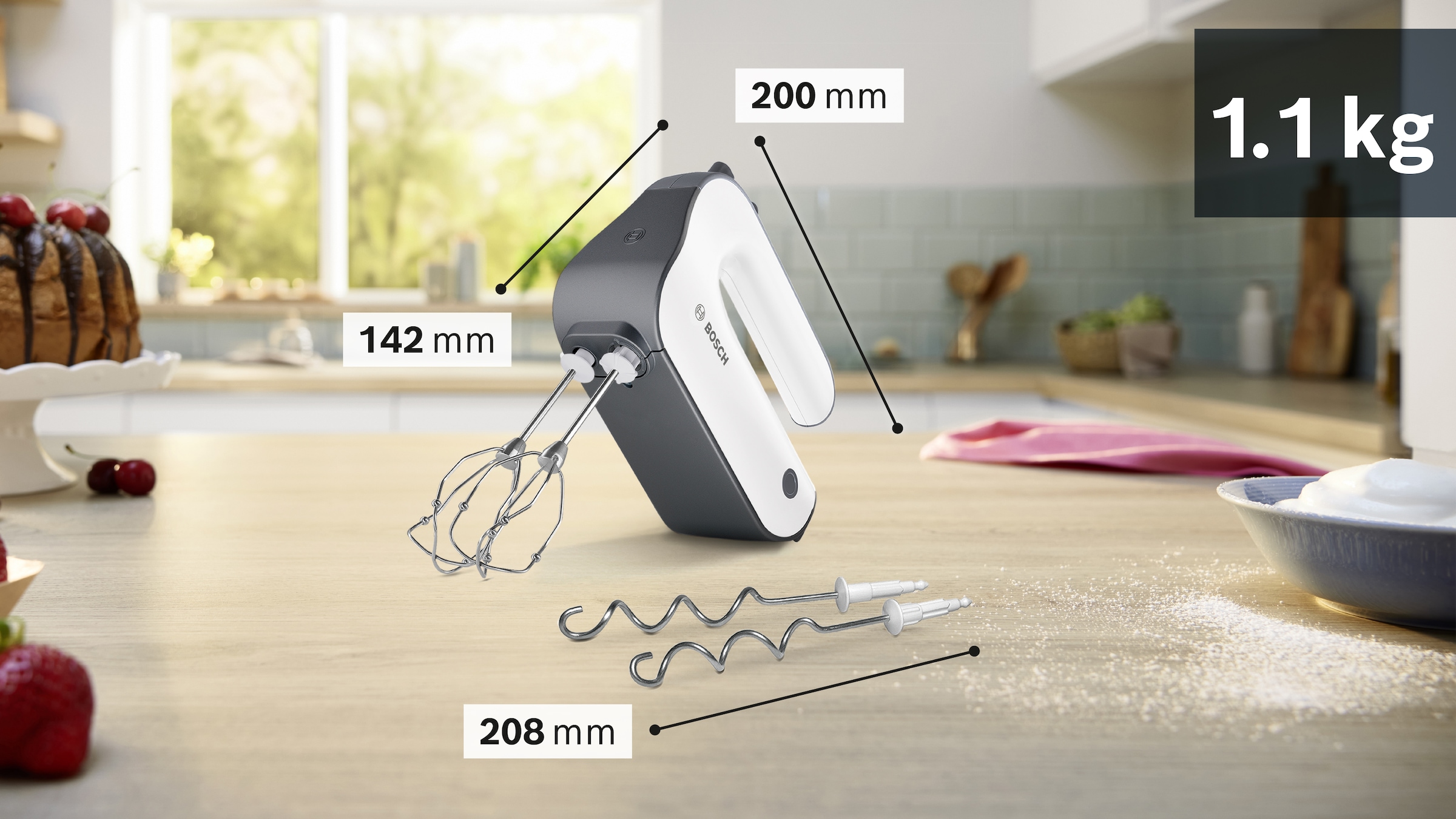 BOSCH Handmixer »MFQ49300, Edelst. Rührbesen/Knethaken, 5 Stufen, Spiralkabel« 850 W Turbotaste, Soft-Touch-Griff, leichtes Gehäuse, Made in Europe