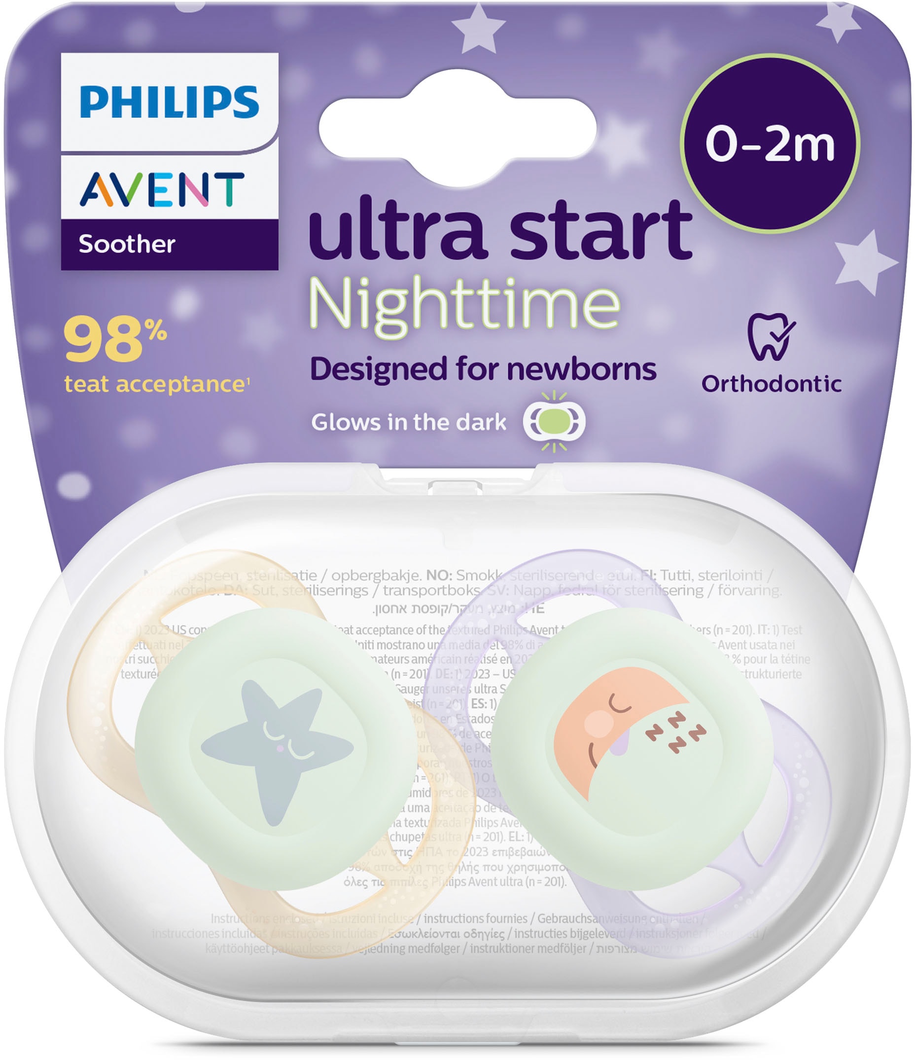 Philips AVENT Schnuller »Ultra Start Nighttime 0 bis 2 Monate SCF075/07«, (2 St.), kiefergerecht, mit leuchtendem Knopf, inkl. Sterilisationsbox