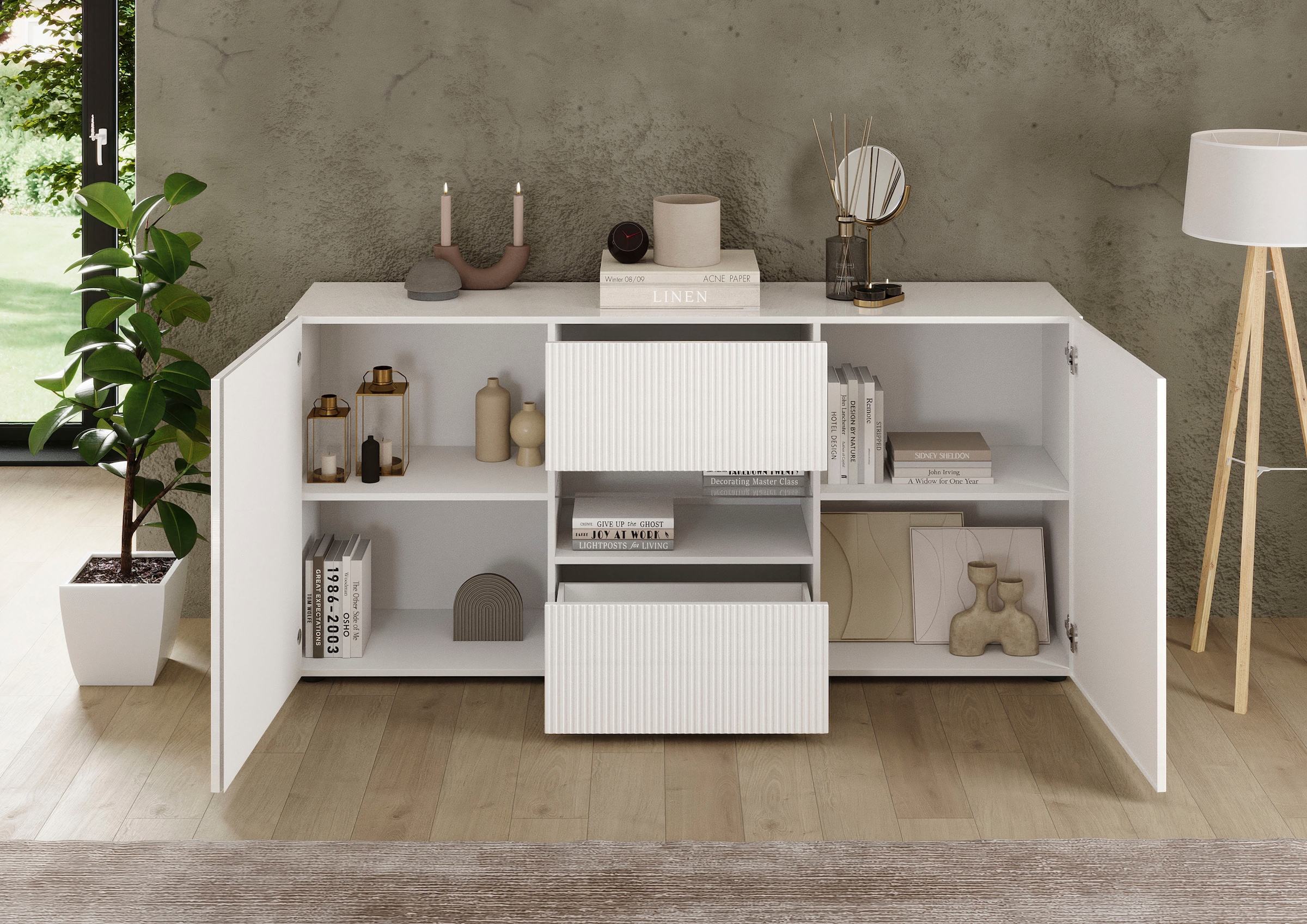 INOSIGN Sideboard »Rio Breite 181 cm, Kommode mit 2 Türen u. 2 Schubkästen,«, geriffelte MDF-Fronten, modern u. elegant, viel Stauraum