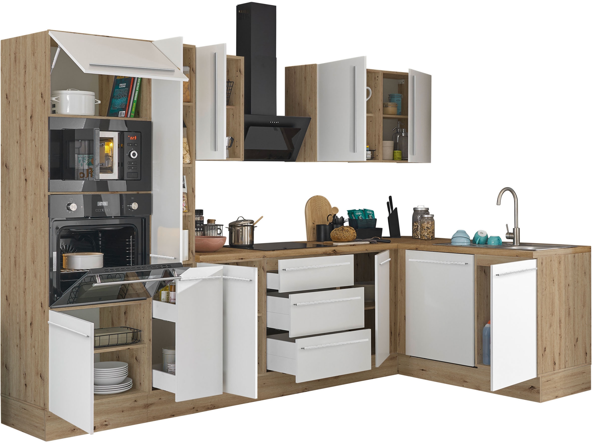 KOCHSTATION Winkelküche »Florida, Stellbreite 310x175 cm« wahlweise mit E-Geräten, mit Softclose für Türen und Schubkästen