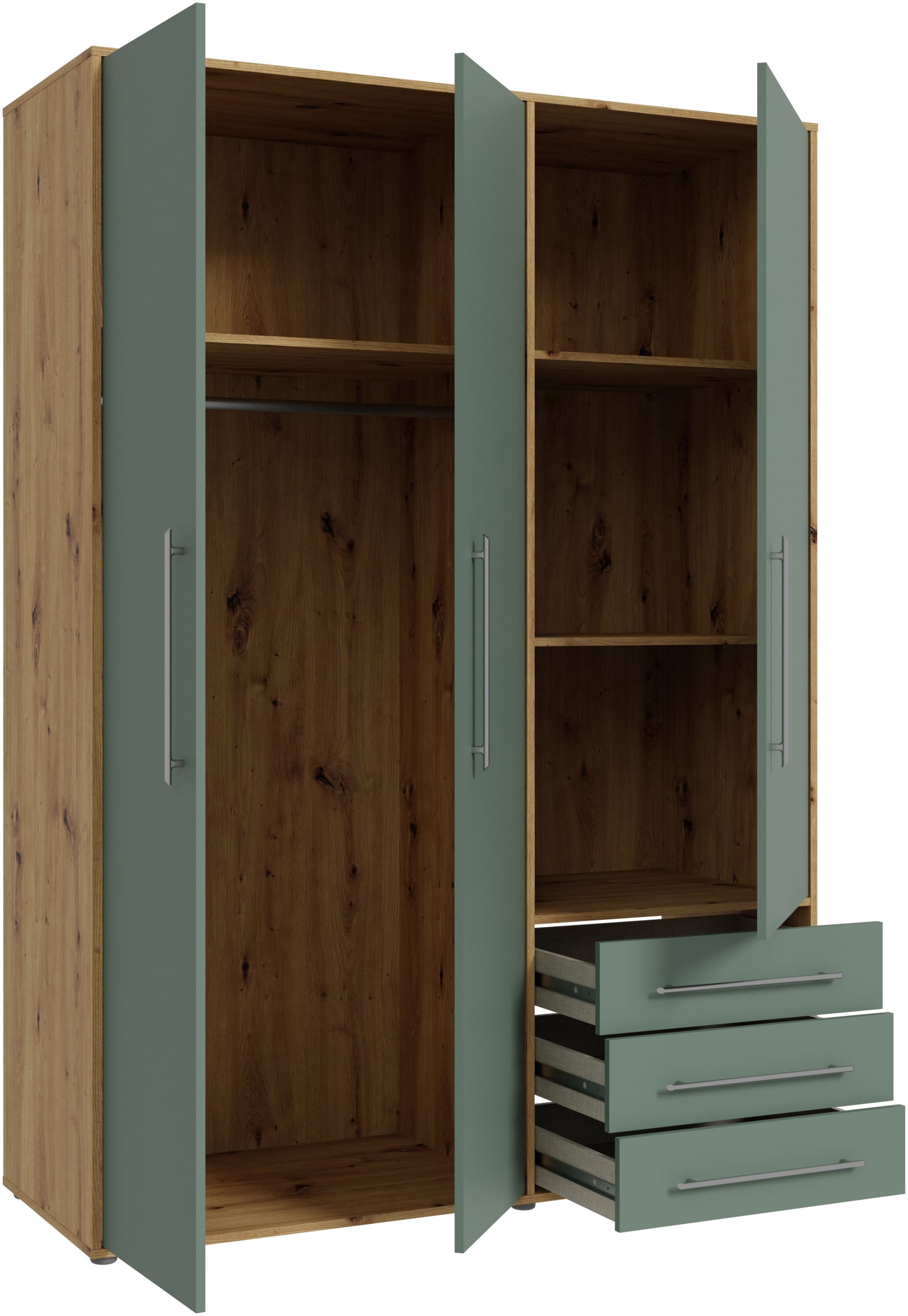 FORTE Drehtürenschrank »Kleiderschrank,zeitloses Design,3 türig« viel Stauraum, Schubladen, Stangengriffe, Made in Europe
