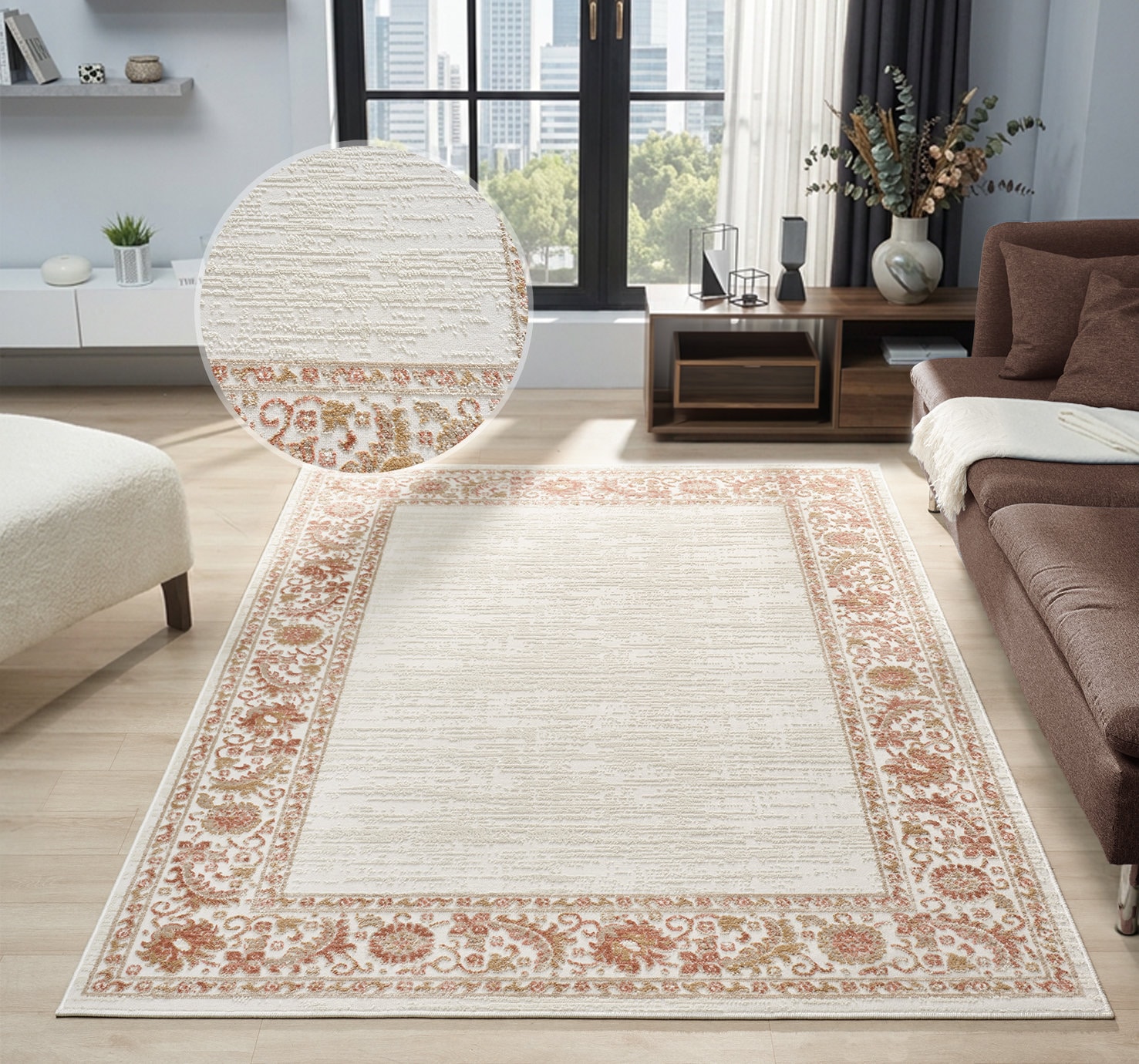 OTTO home Teppich »Fennia, Blumen-Motiv, Orient-Optik« rechteckig 7 mm Höhe Hoch-Tief, Bordüre, Floral, meliert, Wohnzimmer, Schlafzimmer