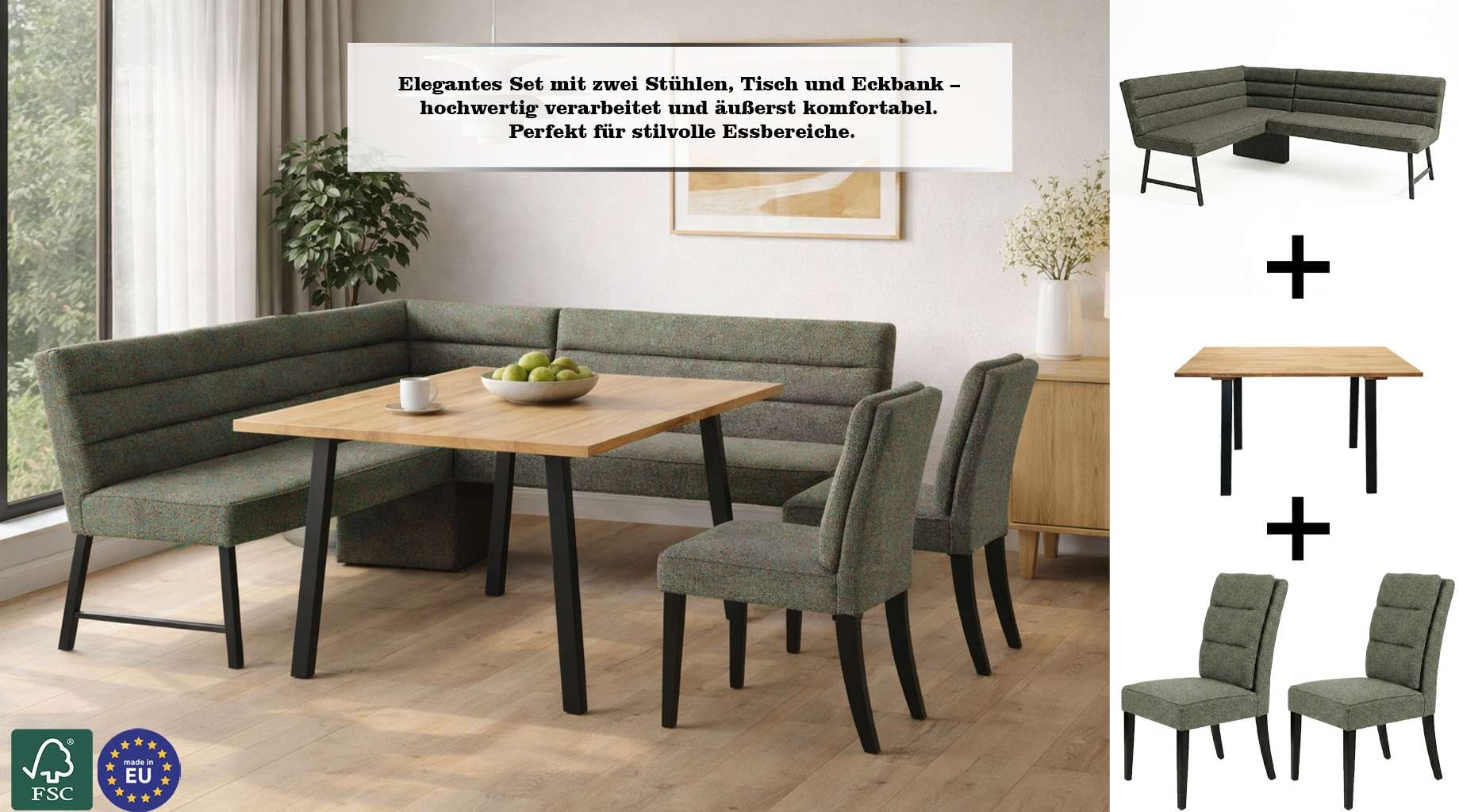 OTTO home Eckbankgruppe »Oregon Essecke, Sitzgruppe, Küchenbankgruppe« Set, 4er, 4 tlg. Eckbank mit Metallfüßen, Esstisch in Eiche massiv