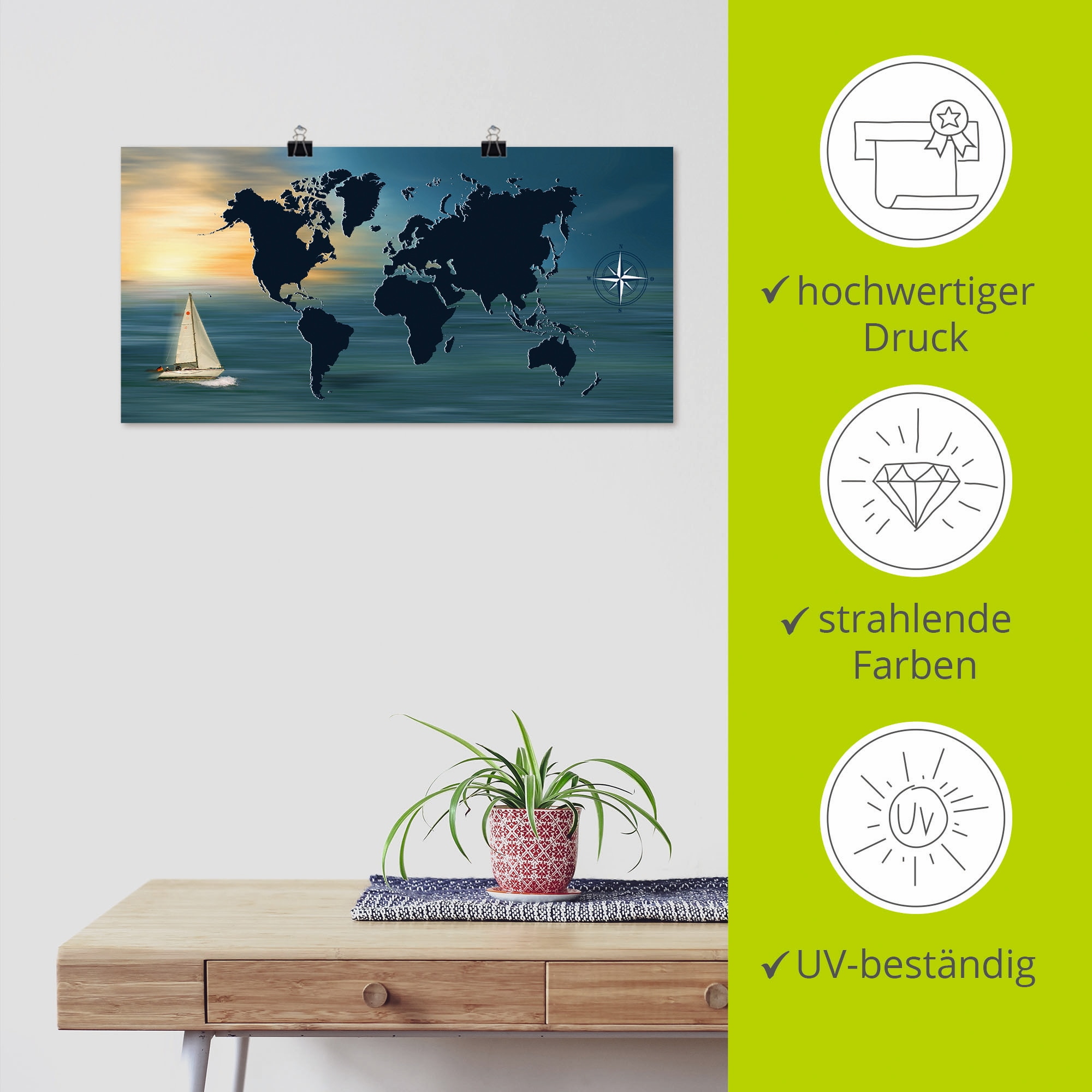 Artland Wandbild »Weltumsegelung mit Weltkarte«, Landkarten, (1 St.), als Leinwandbild, Poster in verschied. Größen