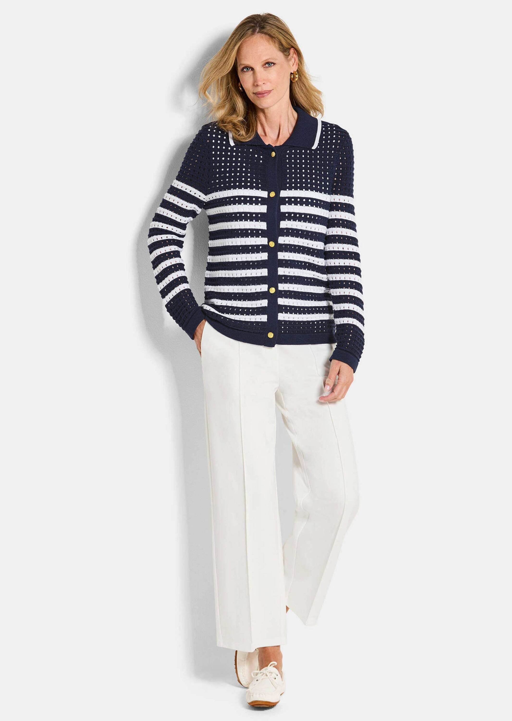 GOLDNER Strickjacke »Polopullover mit Lochmuster« Lochmuster im Ringel, goldene Dekoknöpfe