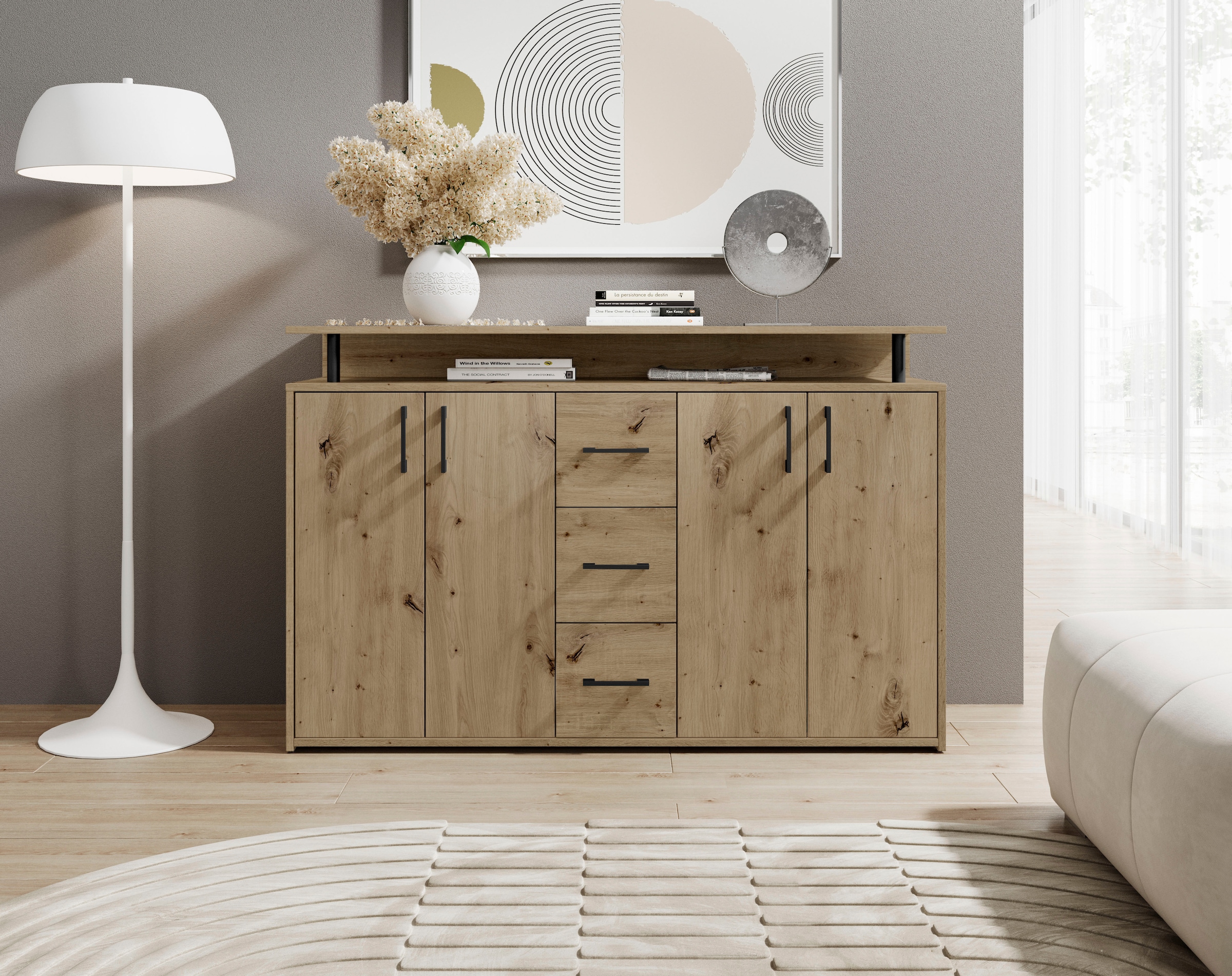 HBZ Sideboard »Drivno Sideboard, B/H/T 139x90x34 cm« 1 Stk. tlg. Breite 139cm, Kugelauszug, Einlegeböden verstellbar, 3 Schubkästen