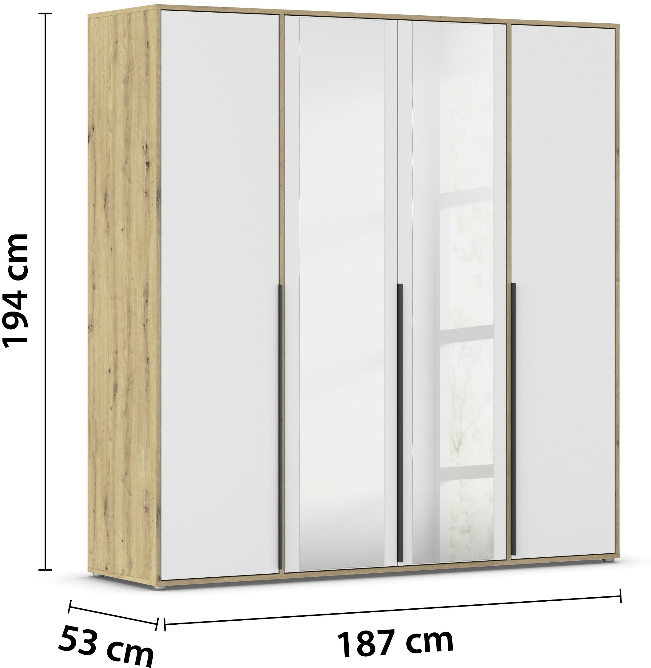rauch Drehtürenschrank »Kleiderschrank Schrank Garderobe Wäscheschrank NAGATA mit Spiegel«, (in 3 verschiedenen Ausstattungen BASIC/CLASSIC/PREMIUM), und modernen Stangengriffen in Graumetallic TOPSELLER MADE IN GERMANY