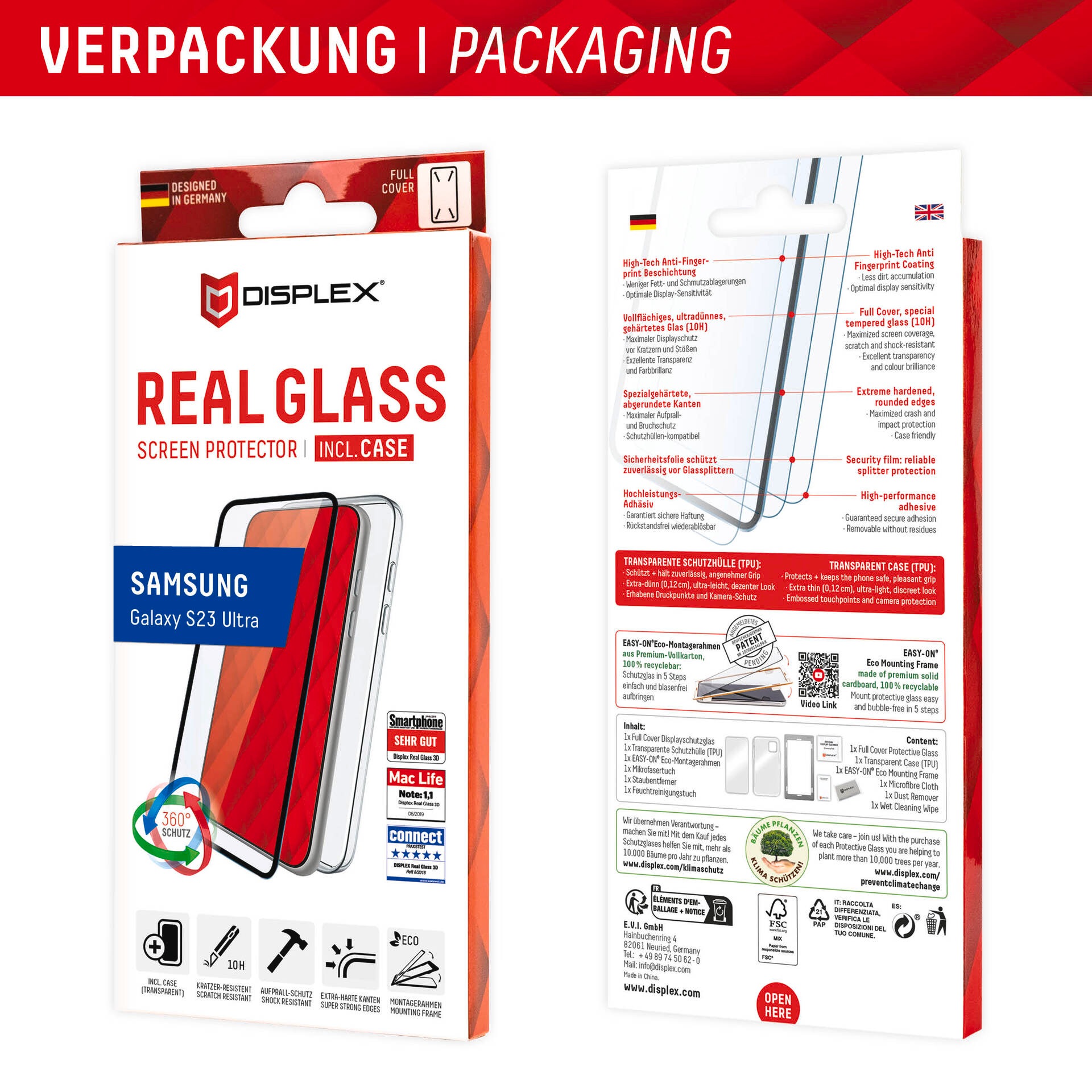 Displex Displayschutzglas »Real Glass + Case - Samsung Galaxy S23 Ultra«, Displayschutzfolie Displayschutz Rundumschutz 360 Grad splitterfest