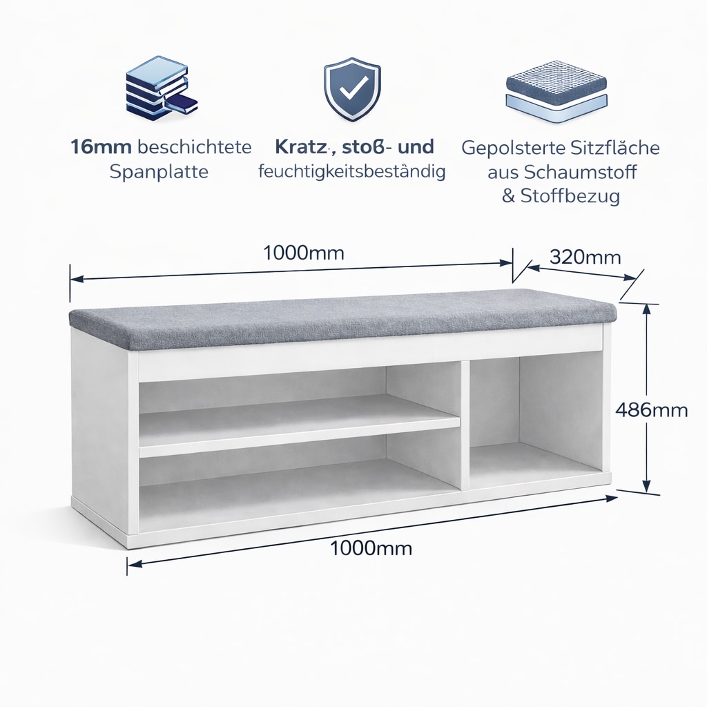 OTTO home Schuhbank »Schuchschrank 100,  Schuhregal, Schuhtruhe, Schuhkommode, Sitzbank« Inkl. bequemem Sitzkissen mit Stauraum darunter