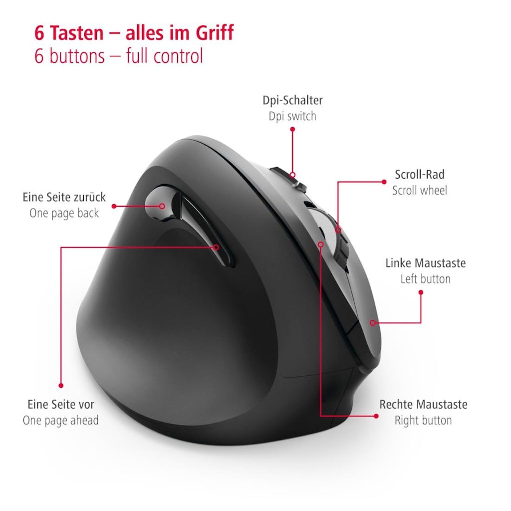 Hama ergonomische Maus »Computermaus kabellos für Linkshänder, ergonomisch, vertikal, schwarz«, Funk