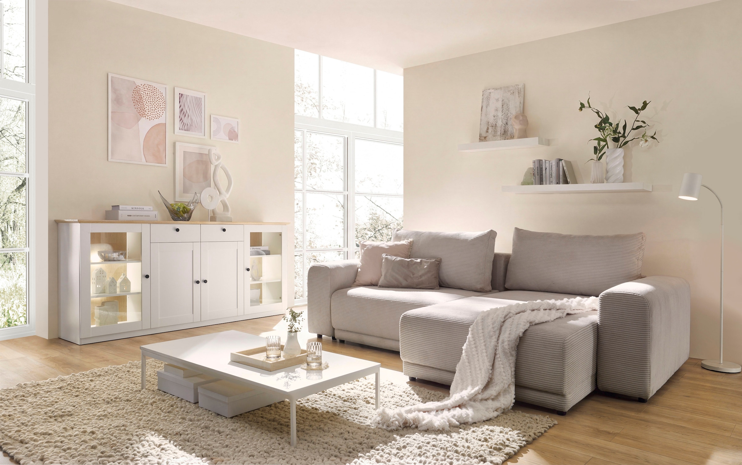 OTTO home Sideboard »Brest, Schrank im Landhausstil, Kommode, zeitloses Stauraumelement« schwarze Metallgriffe, ausreichend Stauraum, Glastüren, 204 cm breit