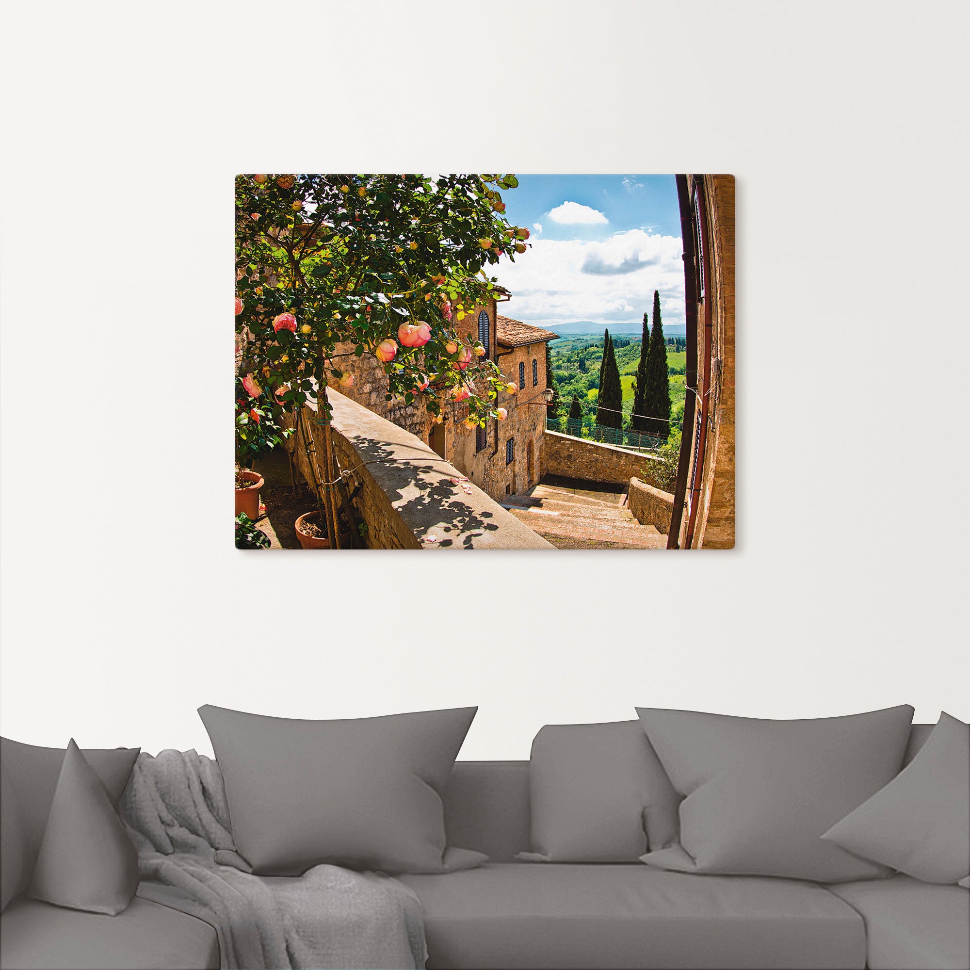 Artland Wandbild »Rosen auf Balkon Toskanalandschaft«, Garten, (1 St.), als Alubild, Outdoorbild, Leinwandbild, Poster, Wandaufkleber