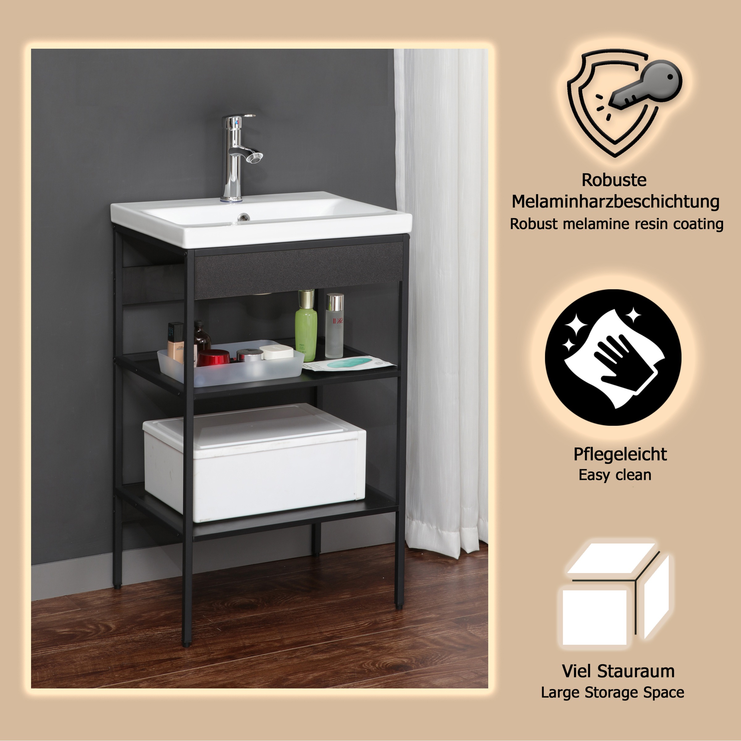 welltime Waschbeckenunterschrank »Lodi«, (2 St.), Waschbeckenregal mit Metallrahmen - (B/T/H) 52 / 40 / 83 cm