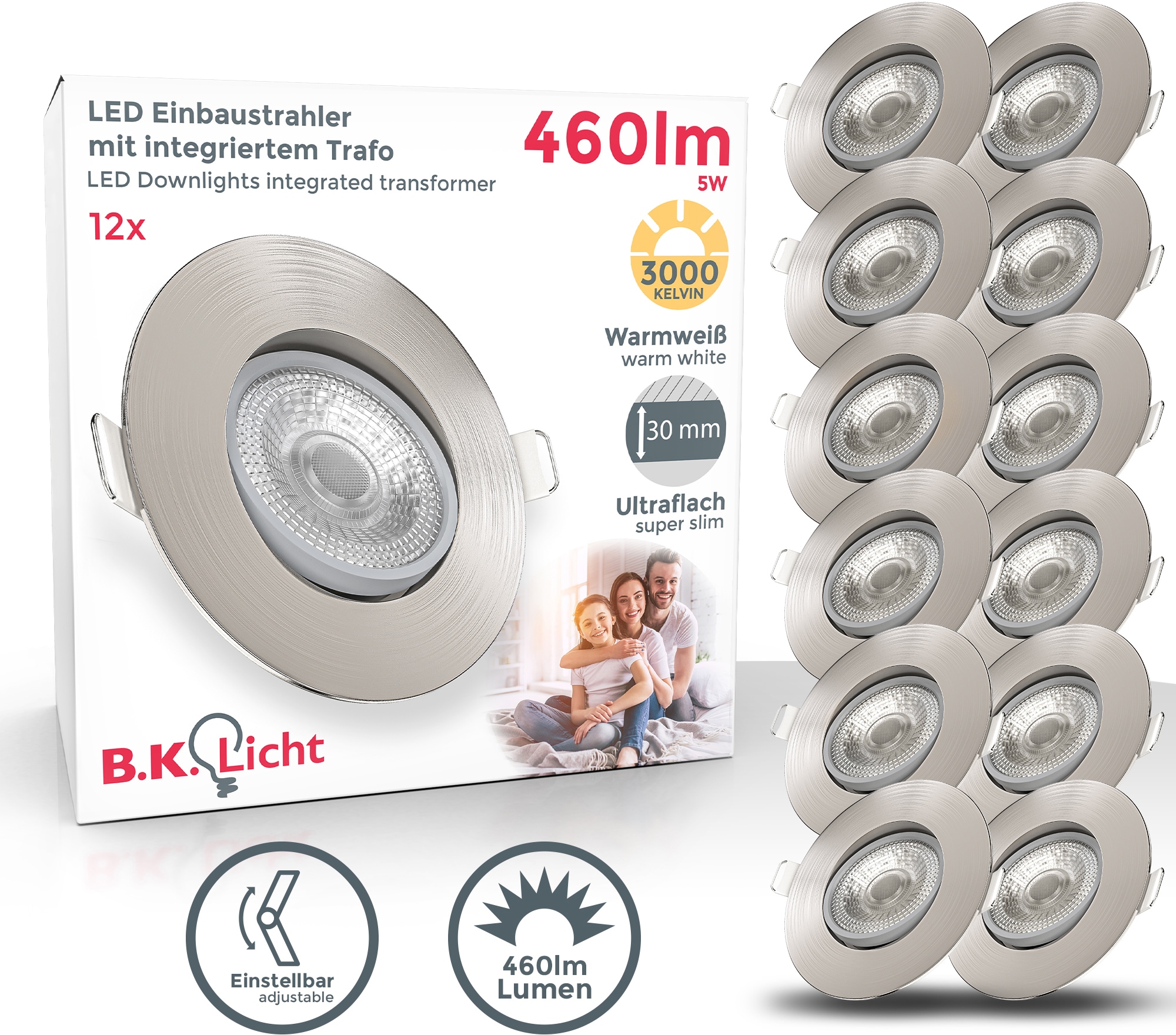 B.K.Licht LED Einbauleuchte, 12er-Set, LED fest integriert, 3000K, Kopf schwenkbar, Schutzart IP23