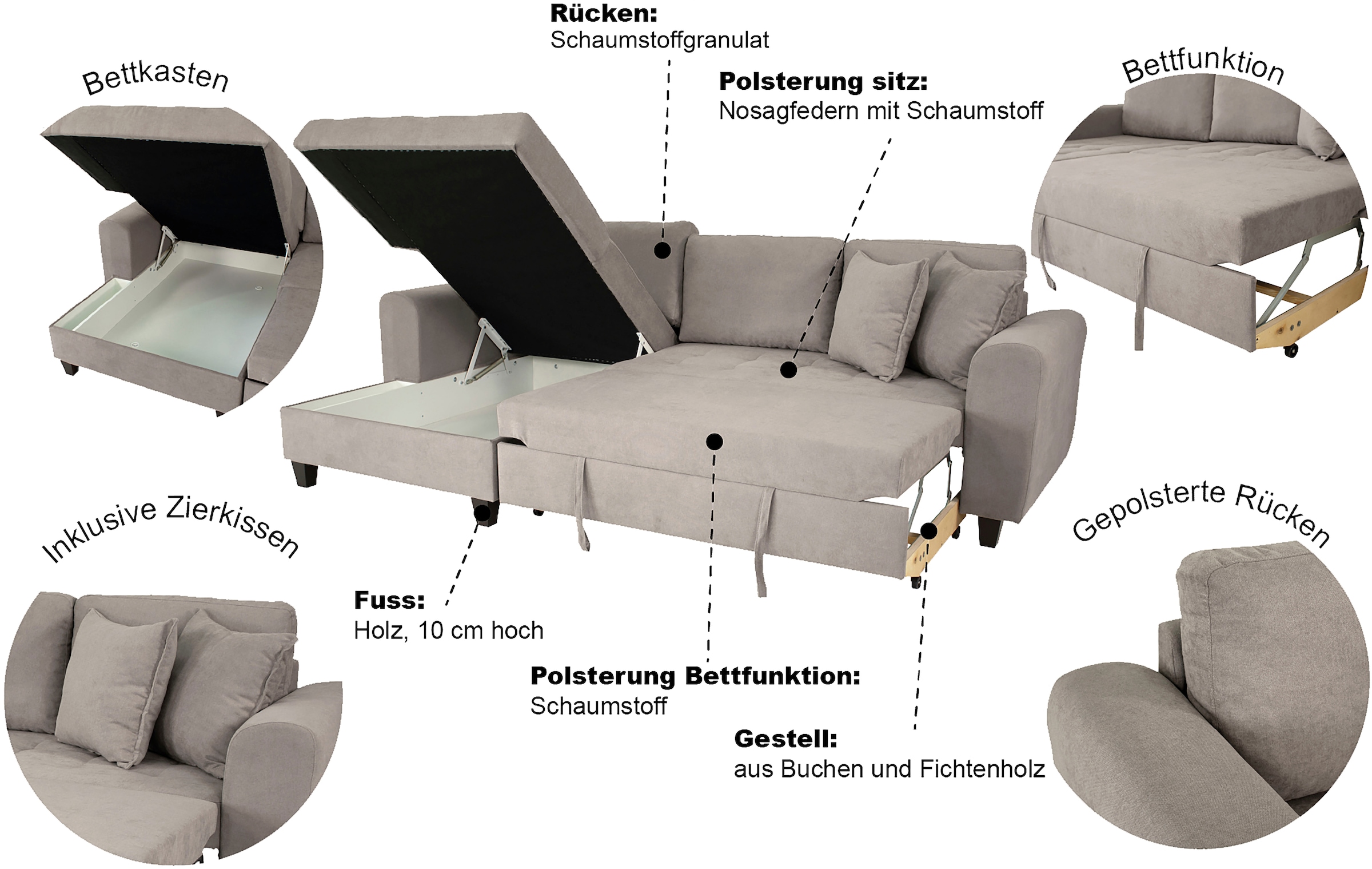Trends by HG Ecksofa »Moritz L-Form, B: 265 cm« mit Bettfunktion, Bettkasten & Zierkissen