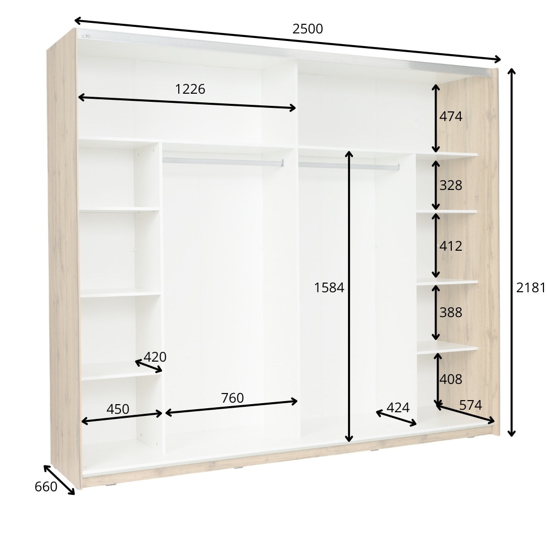 INOSIGN Kleiderschrank »Fabella mit Spiegel, 8 Einlegeböden und 2 Kleiderstange«, Garderobe mit 2 Schwebetüren und Spiegel, BxHxT 250x218x66,5 cm