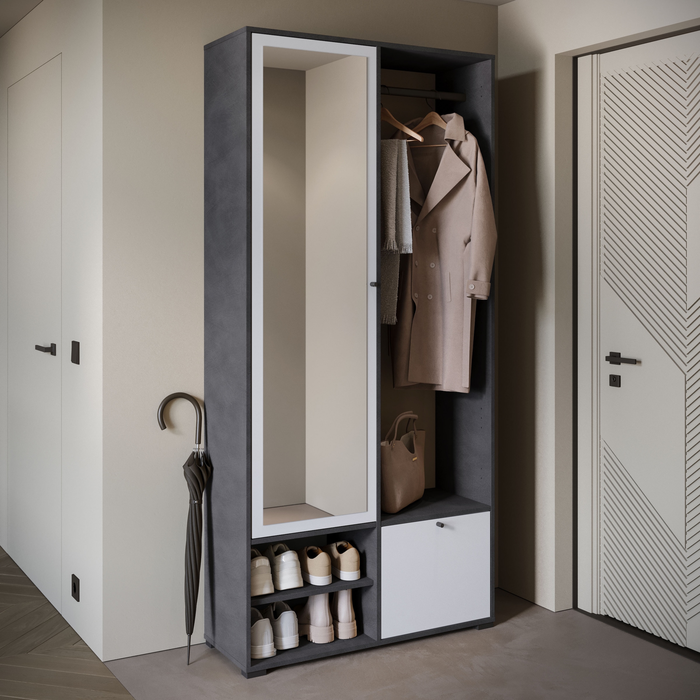 INOSIGN Garderobenschrank »DINO Kompaktgarderobe, Garderoben-Set DINO«, Mit Spiegel und Kleiderstange, 90 cm breit, Türanschlag wechselbar