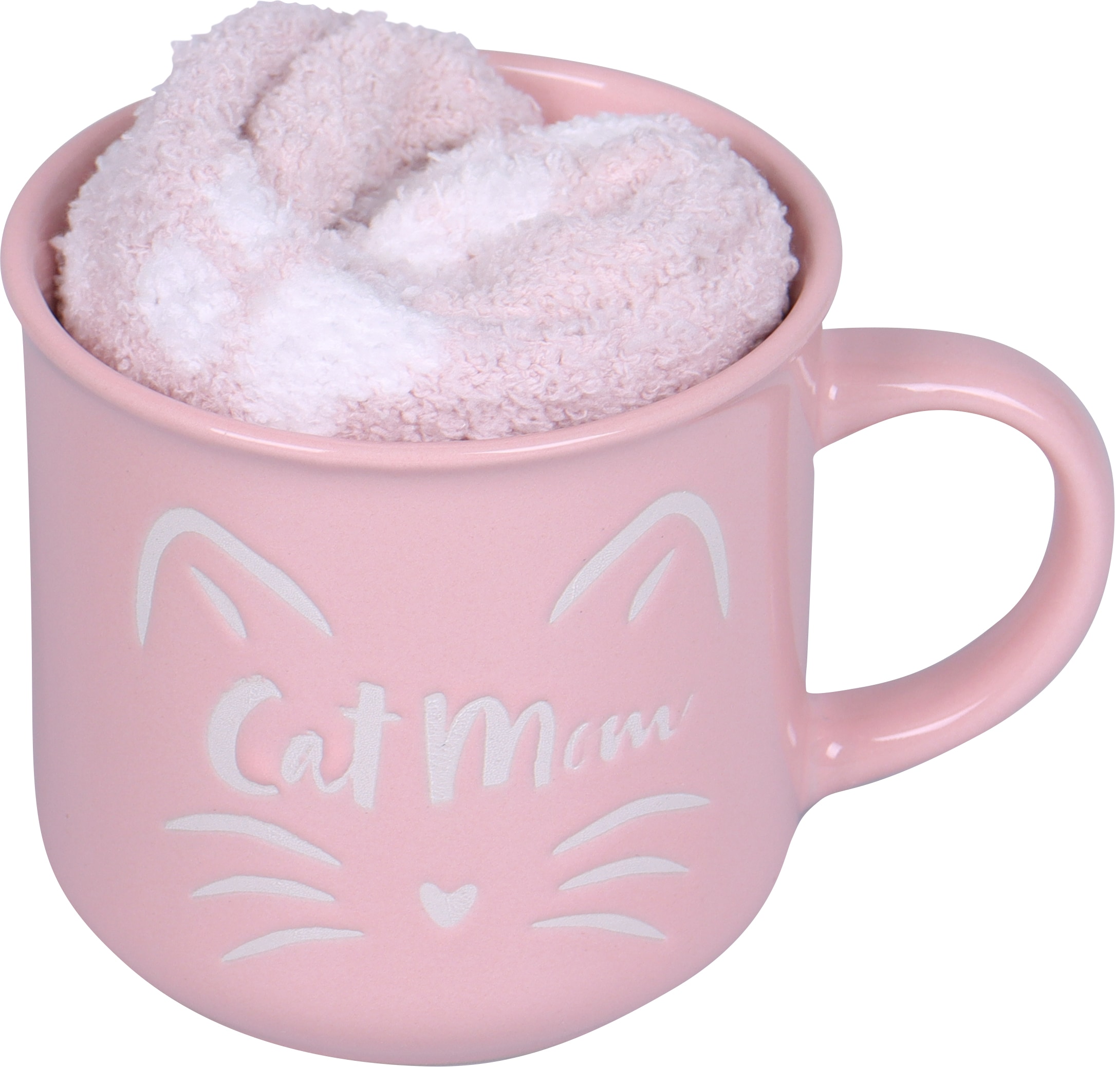 Capelli New York Kuschelsocken, (1 Tasse und 1 Paar Socken), Geschenkset mit rosanen Kuschelsocken und pinker "Cat Mom" Tasse