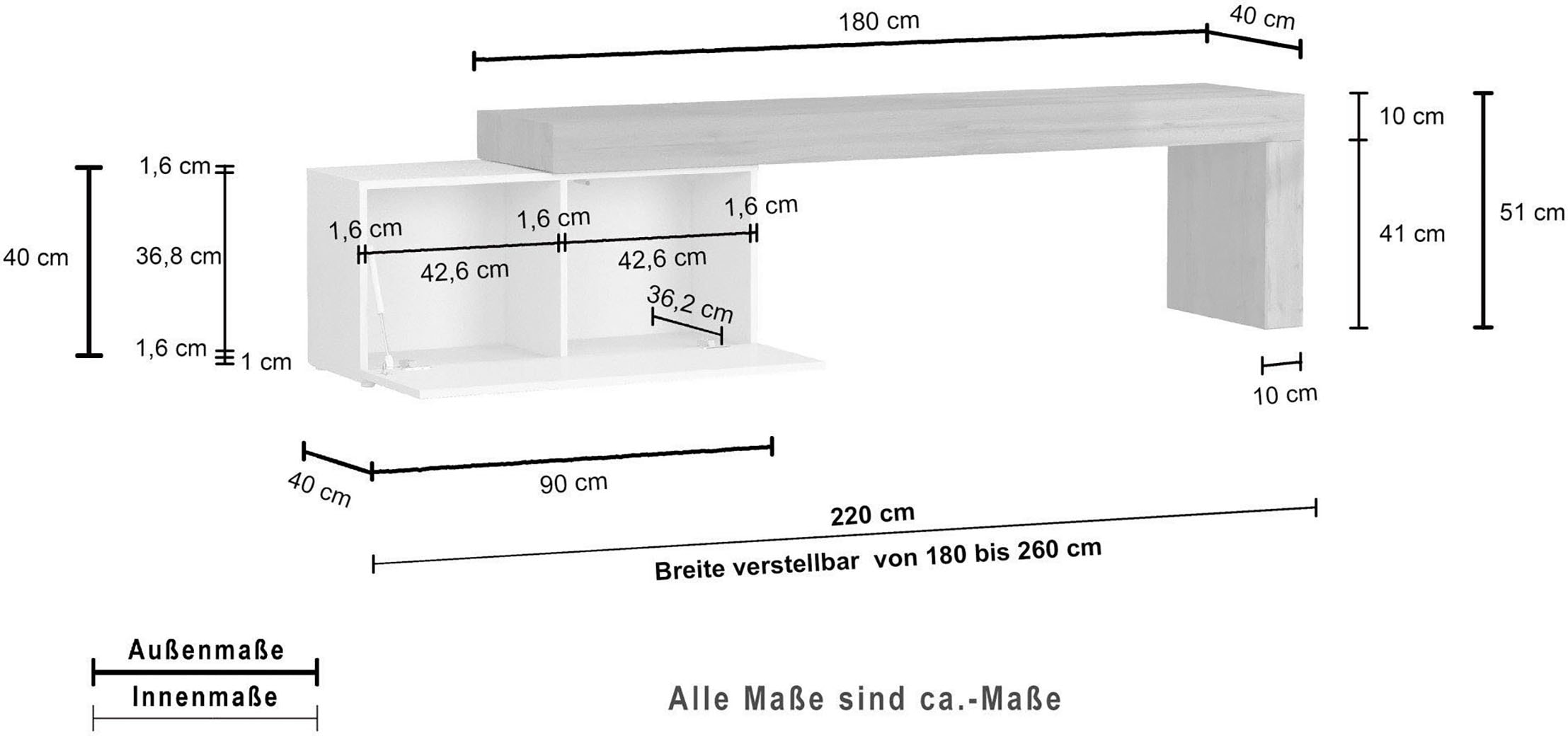 OTTO home Lowboard »Chronos TV-Board, TV-Schrank« Breite verstellbar von 180 bis 260 cm, 1 Stk. tlg. Breite 220 cm TV-Board,Lowboard,1 Klappe und ein L-Förmiger Aufsatz