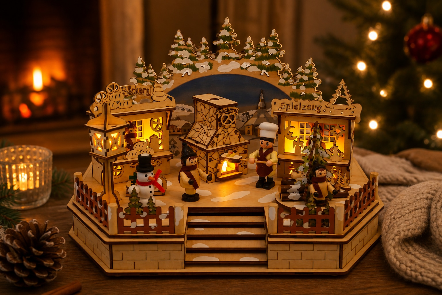 OTTO home Spieluhr »LED Weihnachtsdorf« Weihnachtsdorf aus Holz mit LED, Gratis-Hänger, 6h-Lichttimer