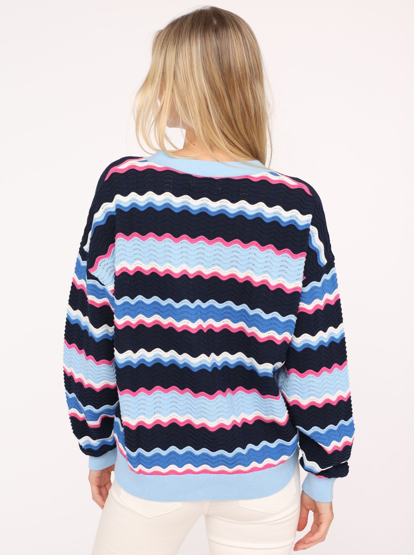 Zwillingsherz Strickjacke, Wellen-Muster, Langarm, V-Ausschnitt, Baumwolle, Knöpfe