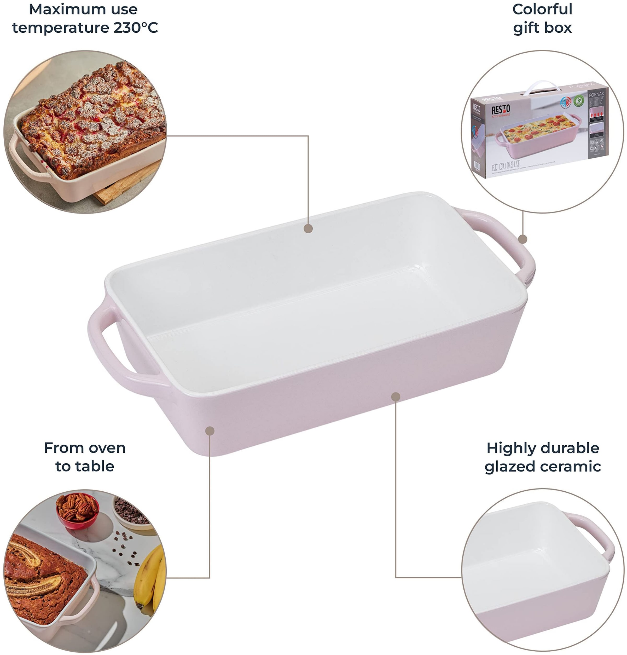 RESTO Kitchenware Auflaufform »Fornax Backform Groß Hoher Rand Lasagneform Antihaftbeschichtet« Keramik 1 Stk. tlg. Rechteckig aus Keramik, rosa, in 2 Größen, für Brot, Lasagne, Brownie
