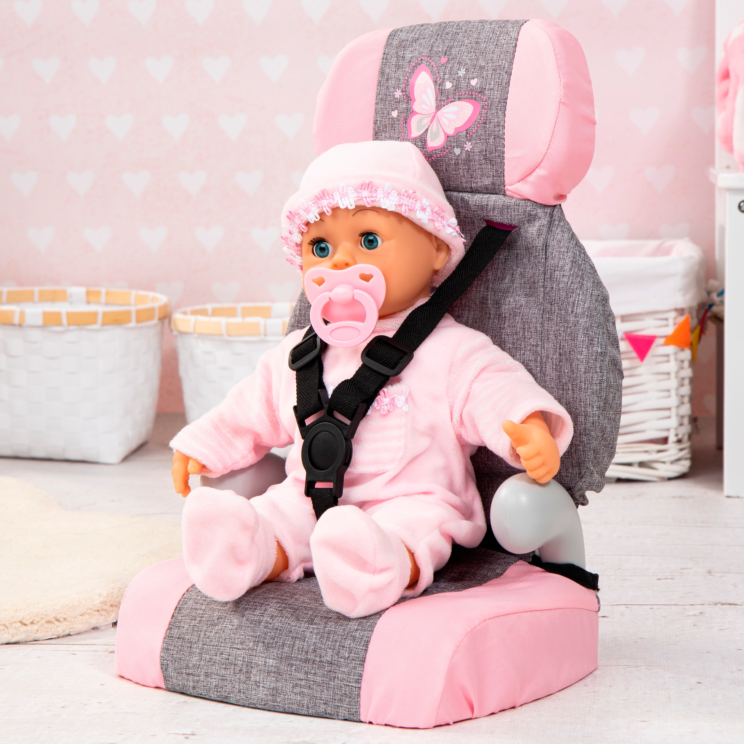 Bayer Puppen Autositz »Deluxe grau/rosa Schmetterling«