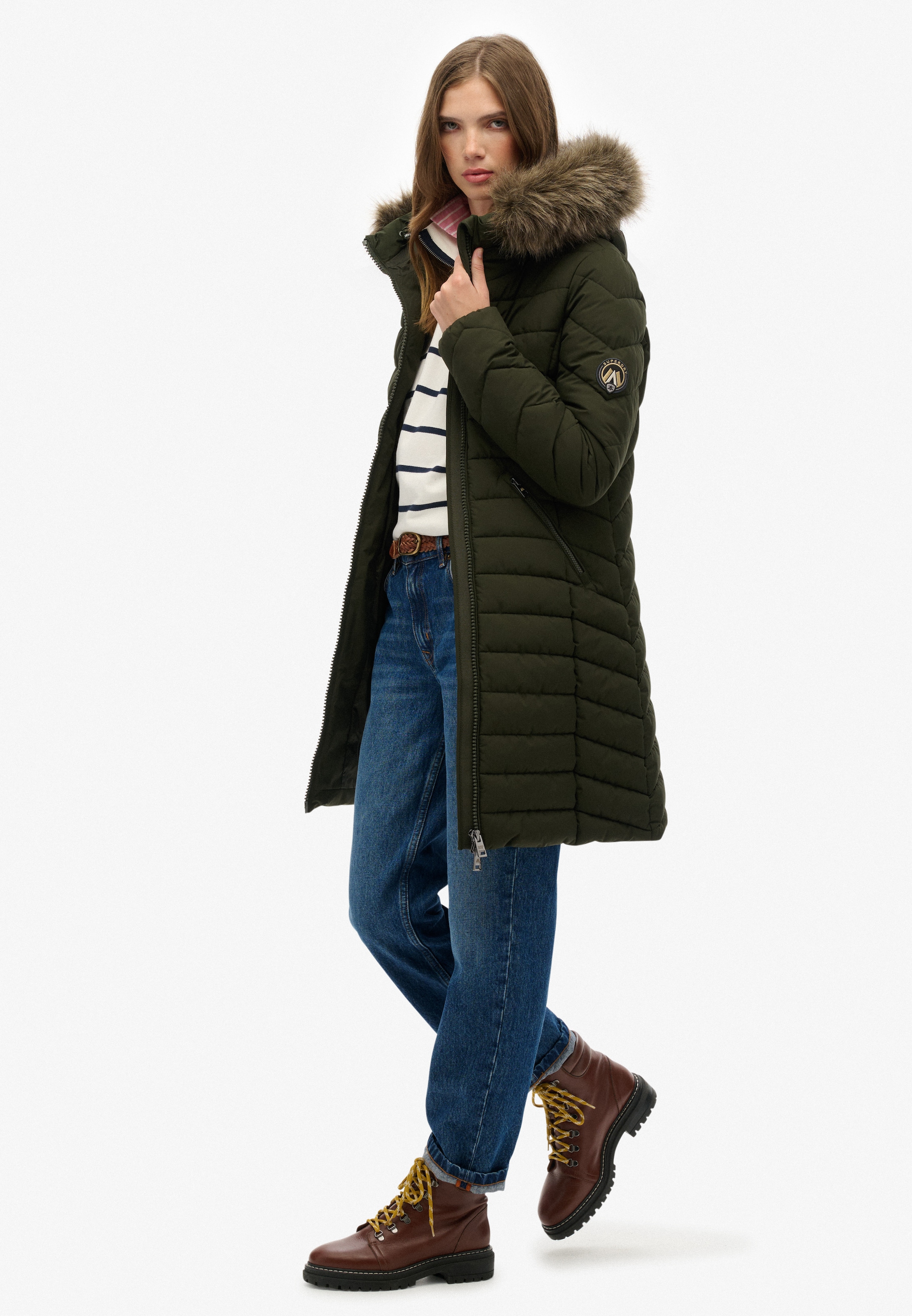 Superdry Steppjacke »FUJI FAUX FUR HOOD MID LENGTH«, mit Kapuze