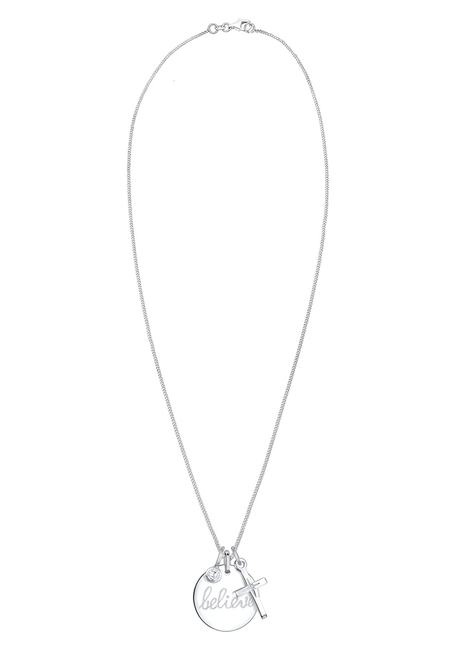 Elli Silberkette »Halskette Plättchen Believe Wording Kreuz Zirkonia 925 Sterling Silber«