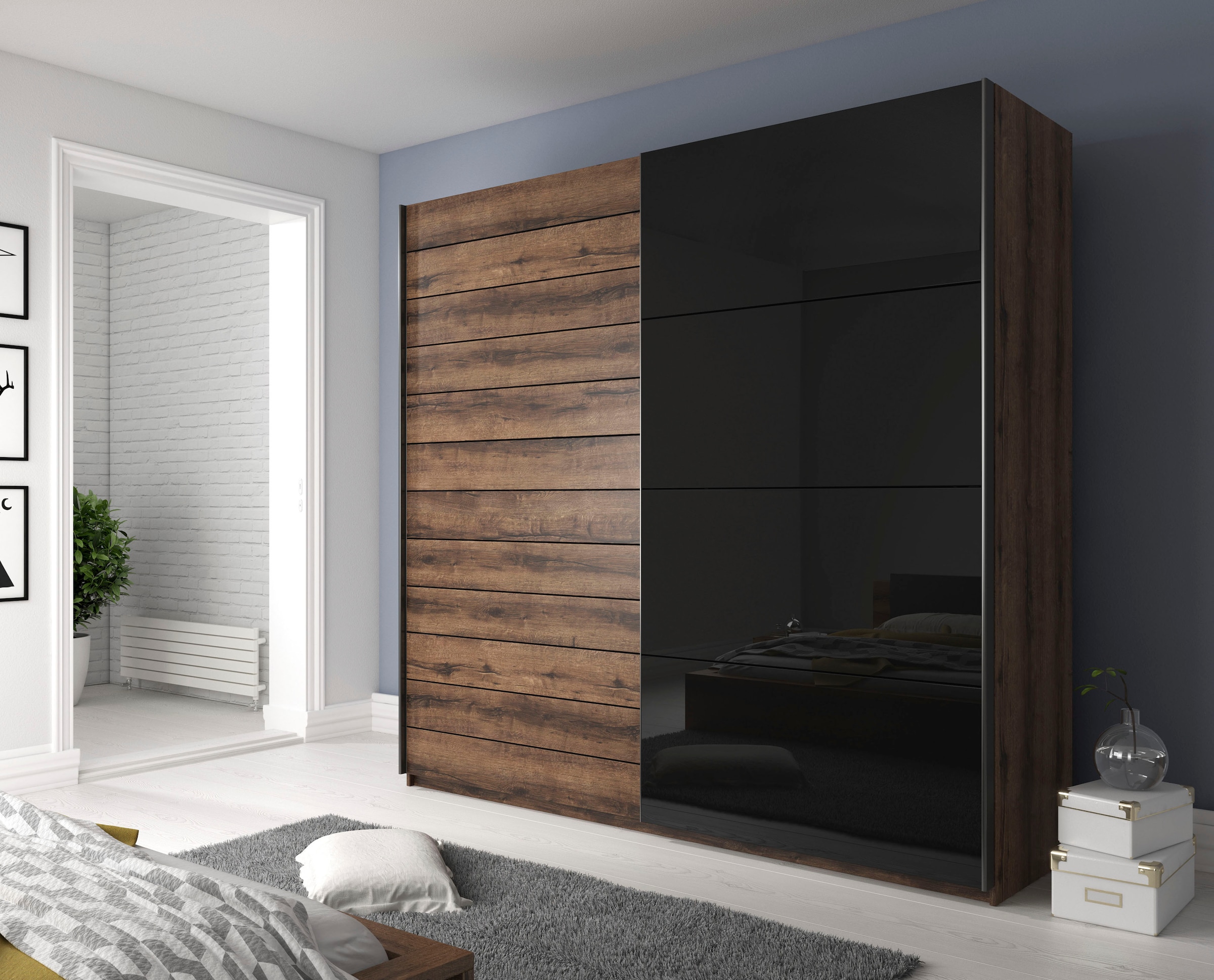 Home affaire Schwebetürenschrank »Galaxy Kleiderschrank, Wäscheschrank 200, 220 oder 270cm breit«, INKLUSIVE kompletter Innenausstattung, Metallgriffe und Glasfront