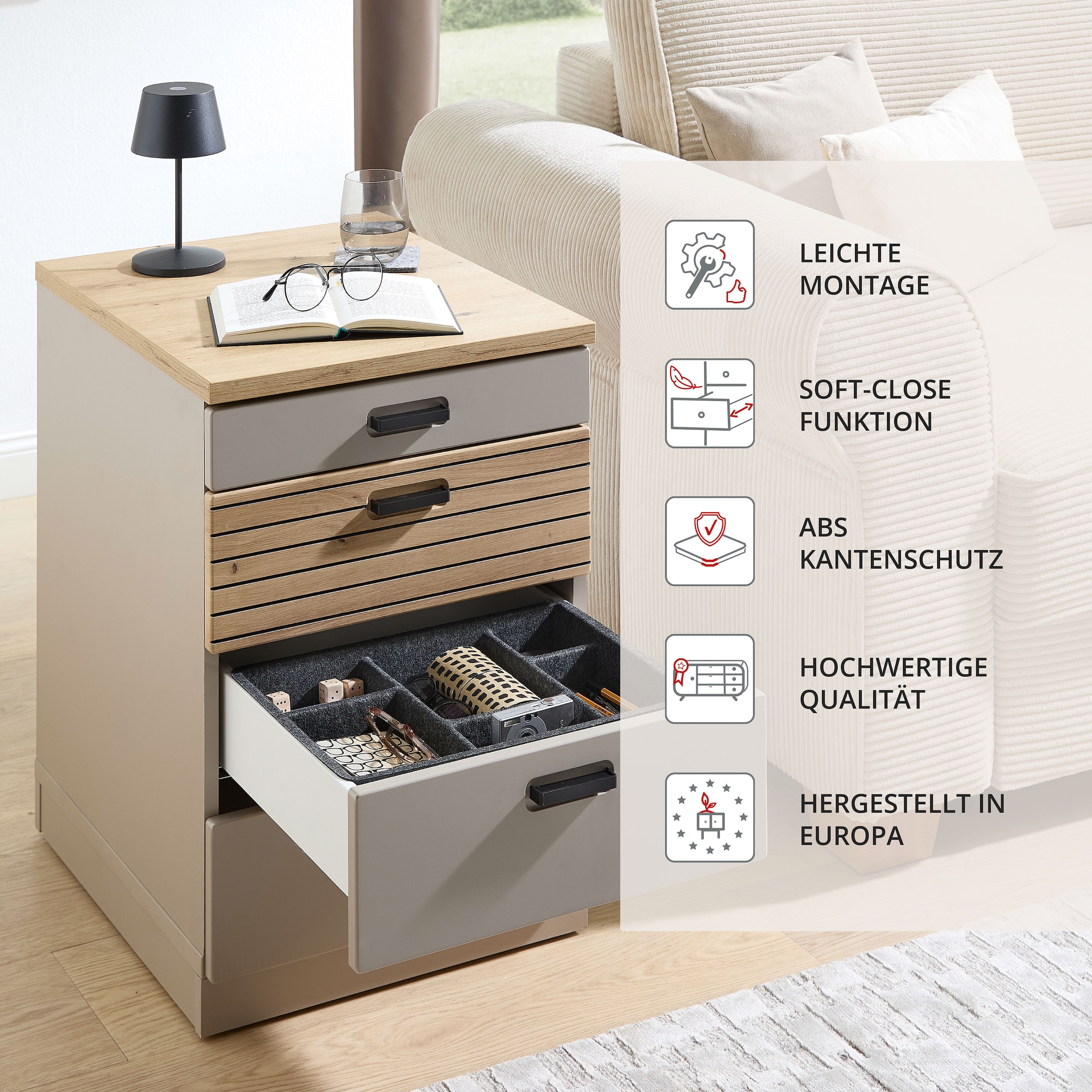 Innostyle Rollcontainer »Rollcontainer Glenn, 45 x 66 x 55 cm (B/H/T)« 1 Stk. tlg. inkl. Filzeinlage, 4 Rollen(2 mit Bremsen) oder Sockel, SK Soft-Close