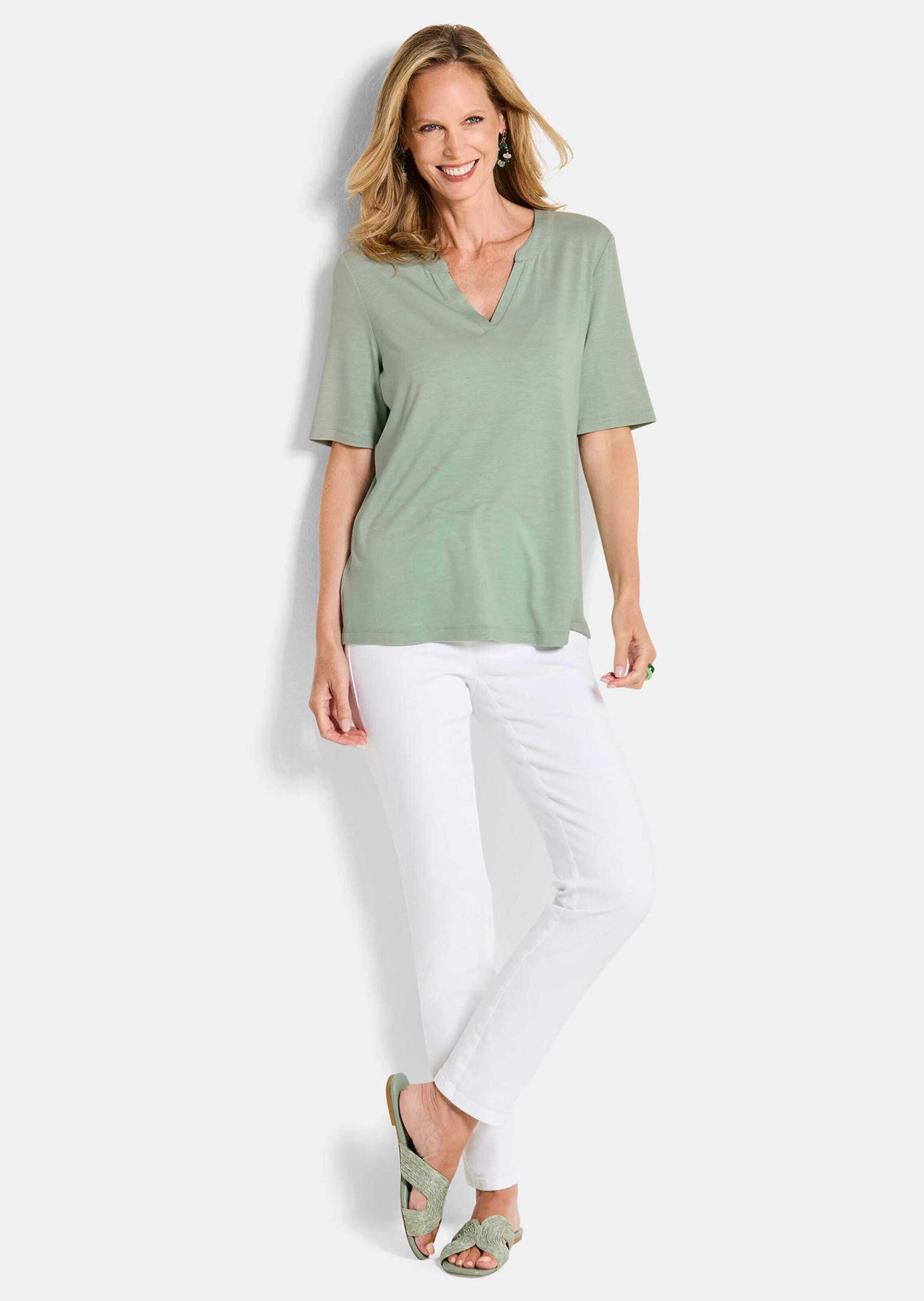 GOLDNER Kurzarmshirt »Jerseyshirt mit Blende« stretchbequemer Viskosejersey