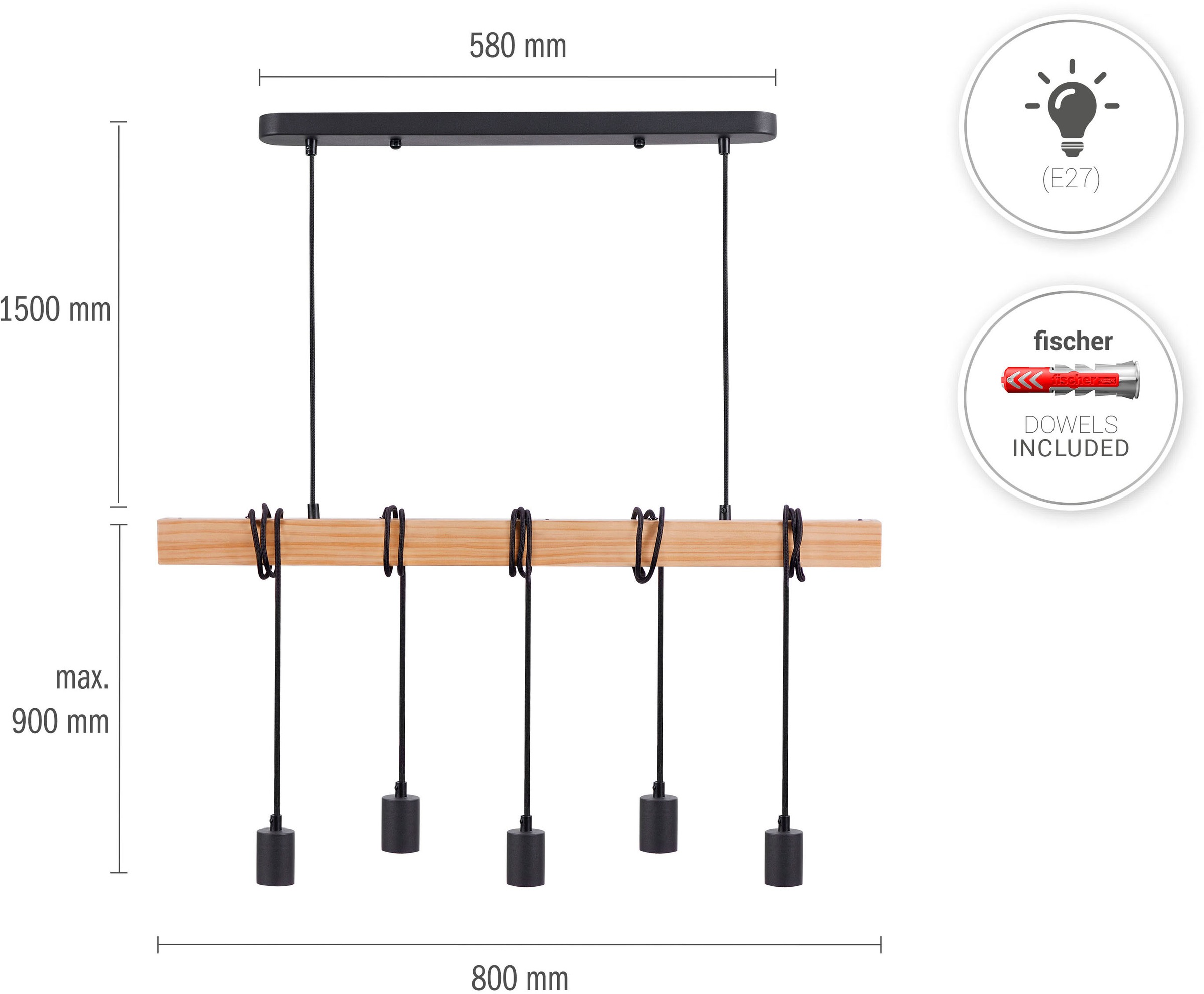 Paco Home Pendelleuchte »SINA«, Leuchtmittel E27 | ohne Leuchtmittel, LED Pendelleuchte Hängelleuchte Wohnzimmer Esszimmer Vintage Holz E27