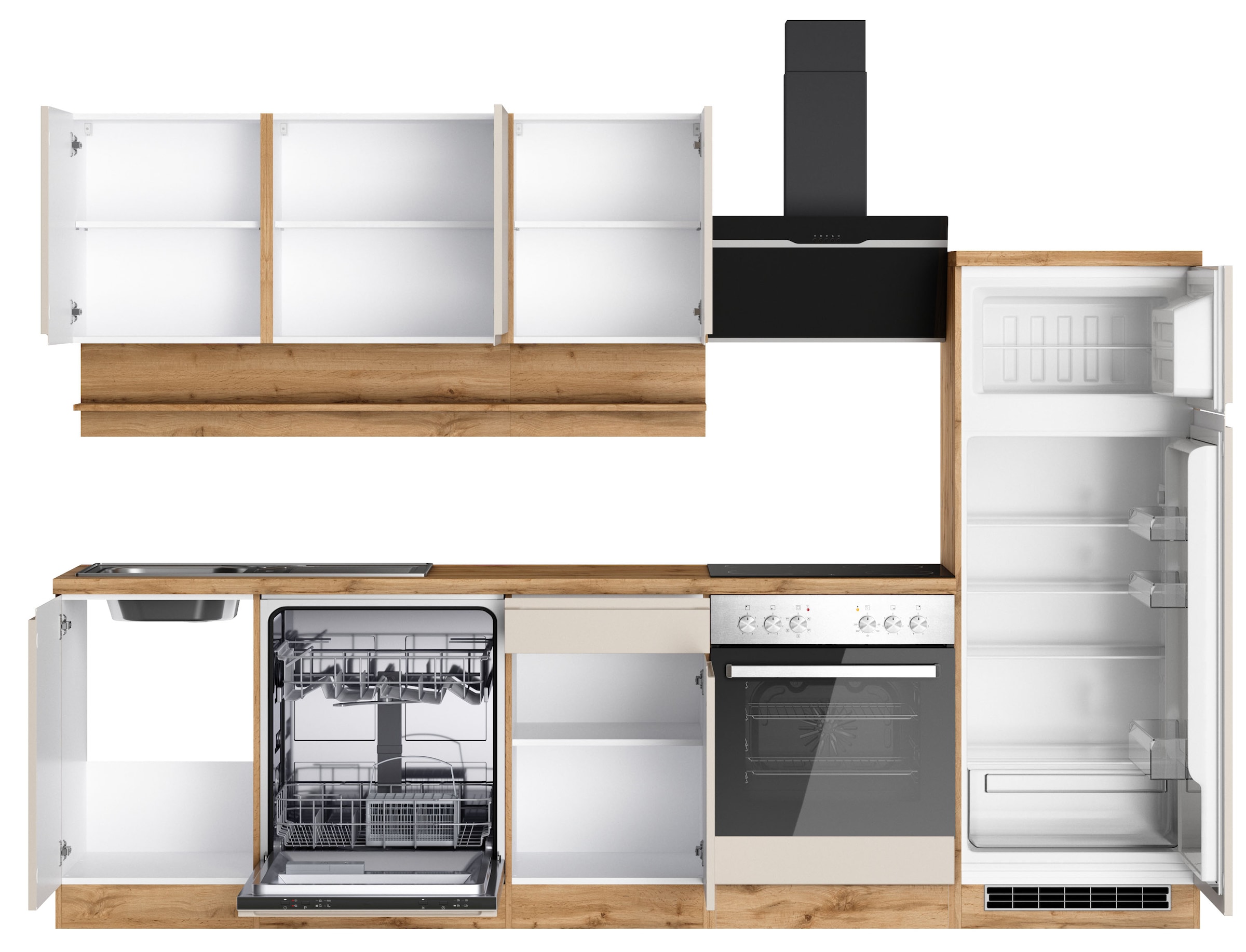 KOCHSTATION Küchenzeile »KS-Virginia,neu in verbesserter Ausführung« Arbeitsplatte 38 mm stark, Stauraum, Softclose,  Breite 280 cm, Soft-Close, wahlweise mit E-Geräten