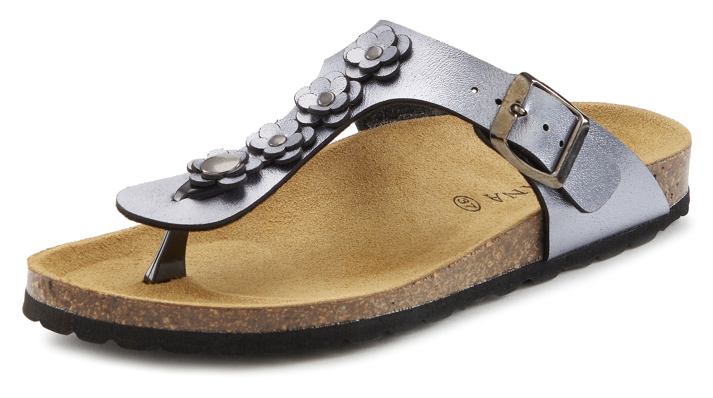 LASCANA Zehentrenner »Sandale, Pantolette, offener Schuh, Sommerschuh,«, mit modischer Applikation und Komfortkorkfußbett aus Leder