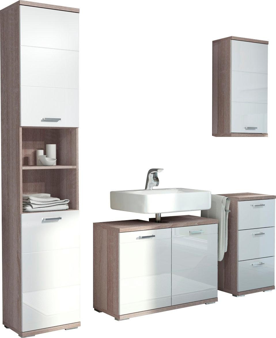 Homexperts Badmöbel-Set »Nusa«, (4 tlg.), aus Hochschrank, Waschbeckenunterschrank, Hängeschrank und Unterschrank, Badezimmerschrank mit Metallgriffen und MDF-Fronten in Hochglanz-Optik